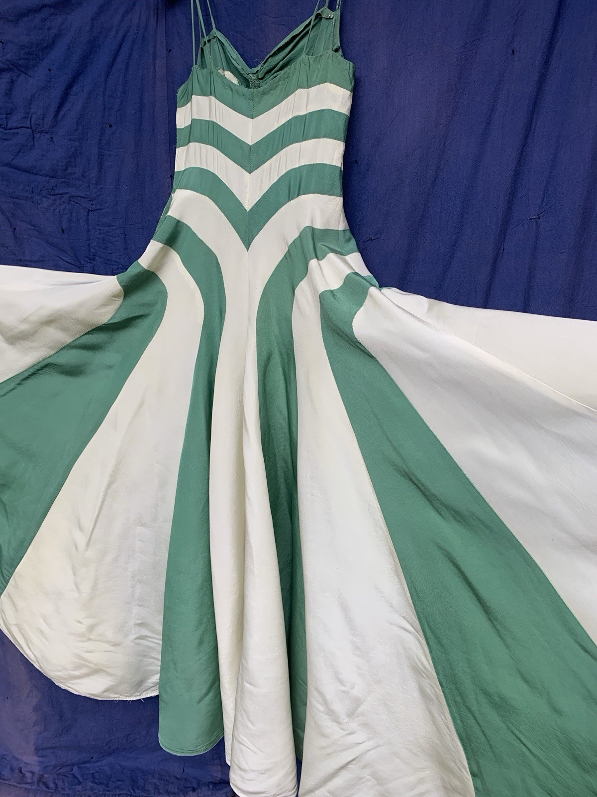 1940s Radial Stripe Rayon Taffeta Maxi Gown