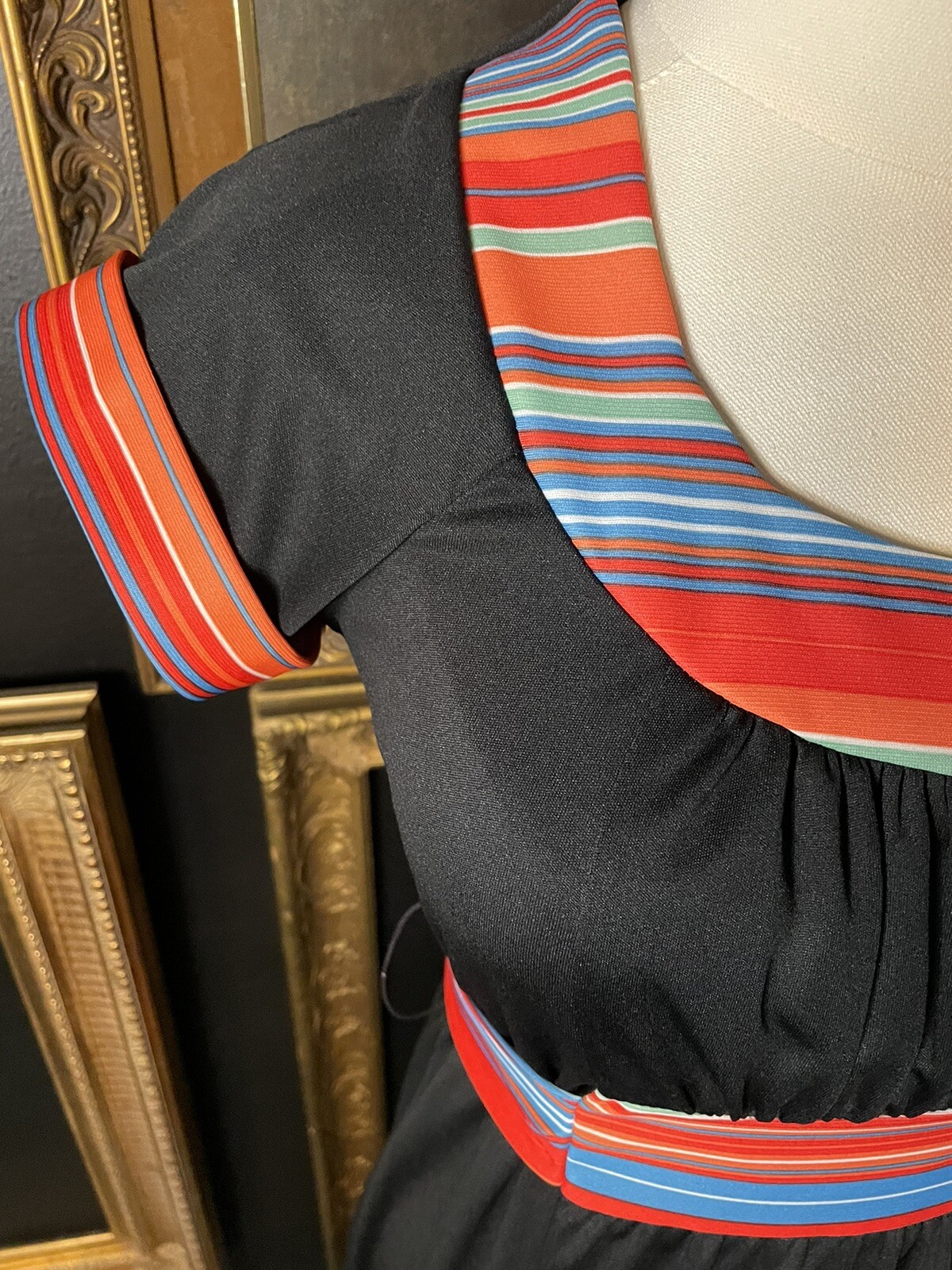 Vintage 70s Paper Moon Black Rainbow Maxi Dress XS S