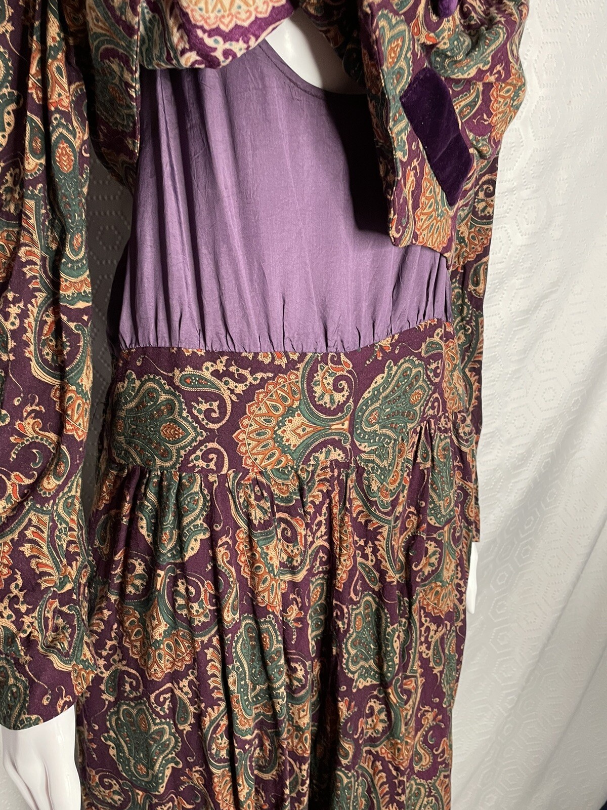 Karin Stevens 80s Vintage 2 Pc Midi Dress 14 Paisley Velvet Collar Jewel Tones