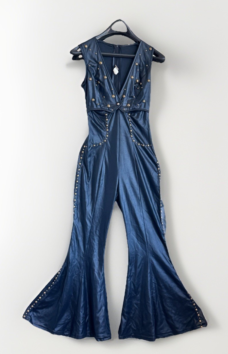70s Frederick’s Hollywood Black Studded Disco Bell Bottom Jumpsuit One Piece