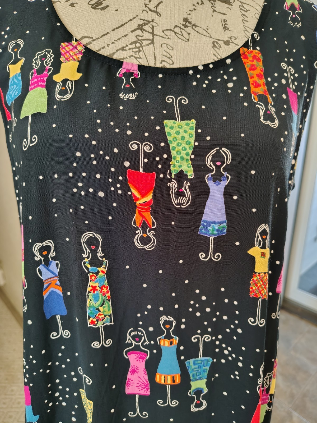 Vtg 90s Carol Anderson Petites Rayon Shift Dress L Figurative Art Novelty Print