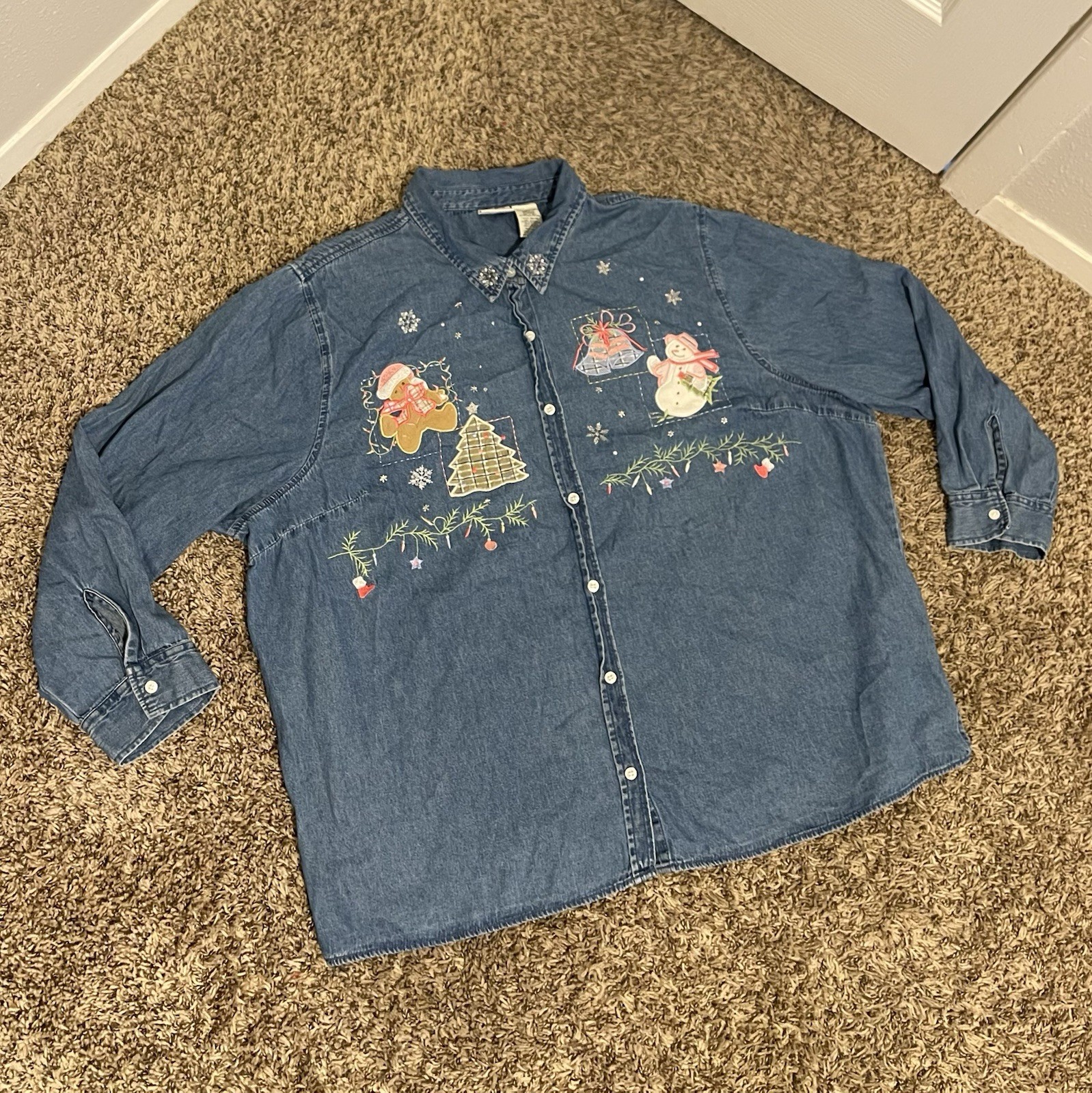 90s/00s White Stag 26W/28W Denim Button Up Snowman Christmas Pastel Top
