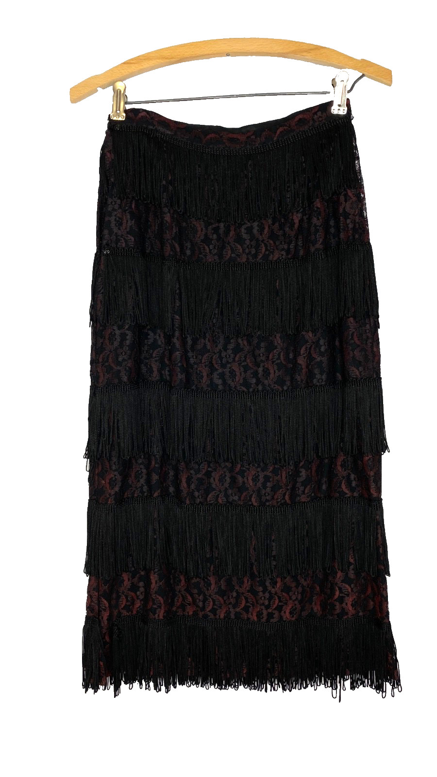 Vintage 1950s black lace fringe wiggle skirt XS pencil high waist midi