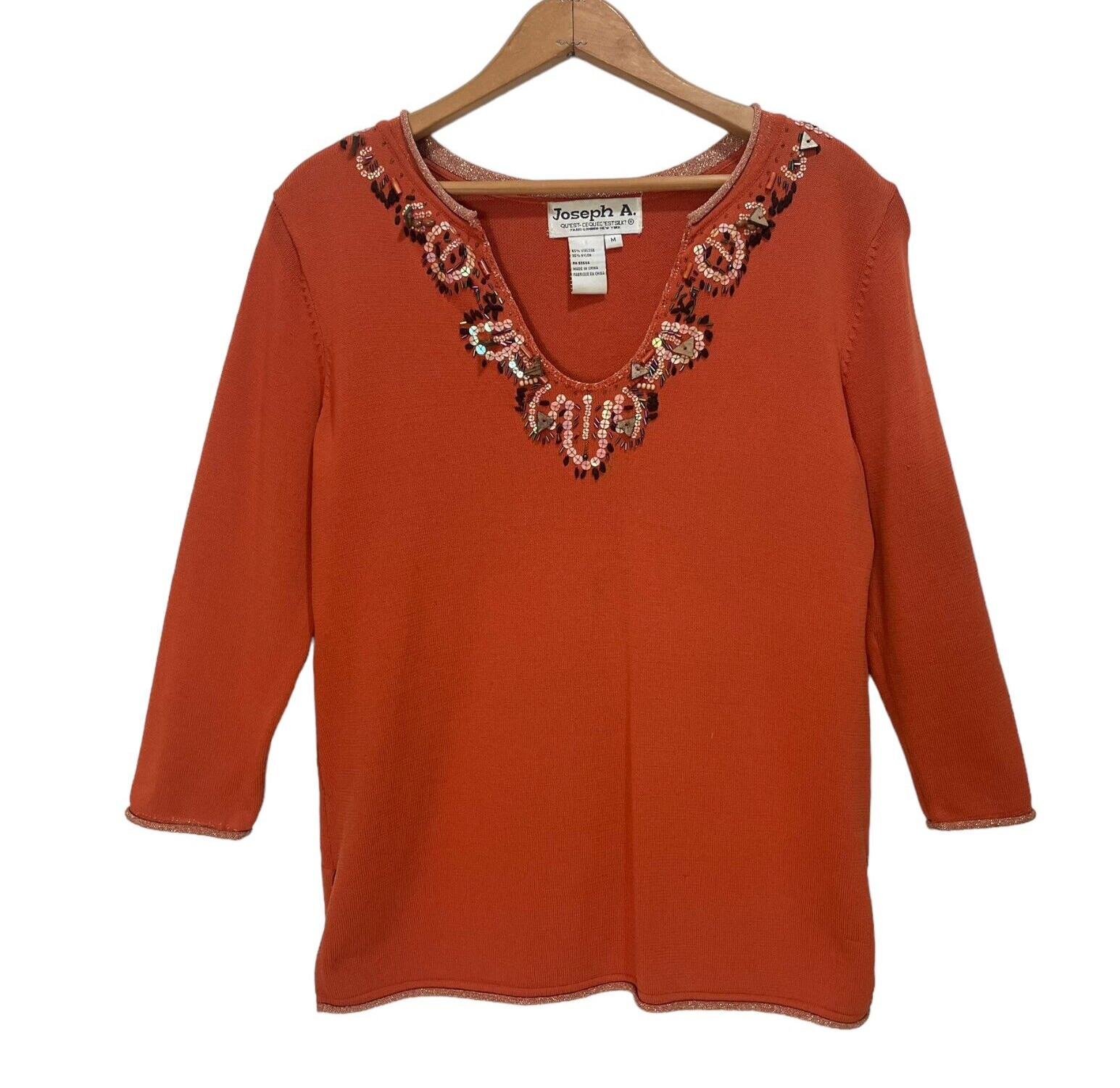Joseph A. Vintage 80s Orange Beaded V-Neck Viscose Pullover Sweater Size M