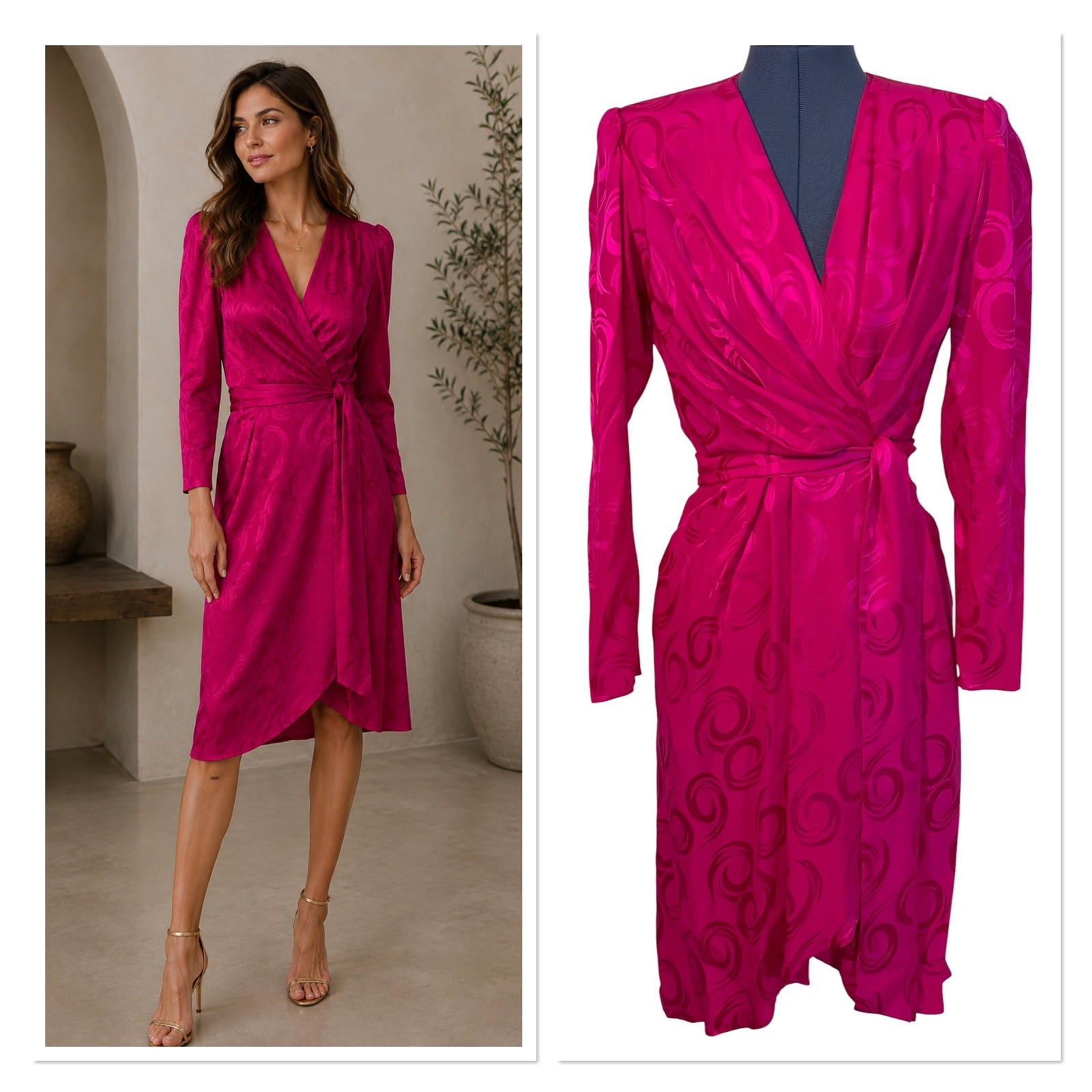 Vtg Argenti Pink Silk Jacquard Wrap Dress Midi 80s Luxury Glam Mob Wife 4 NEW