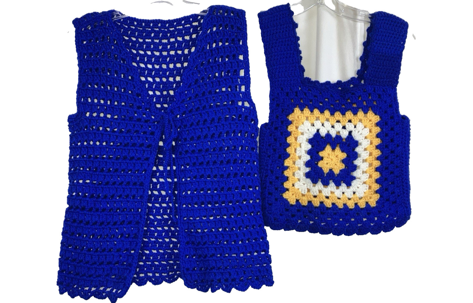 Vintage 70s Crochet funky Camisole short top Vest Granny square Set