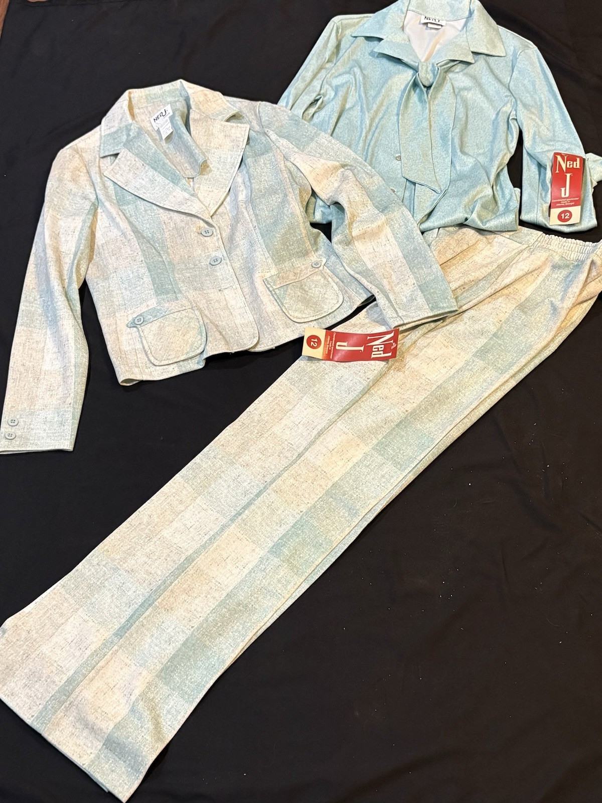 Vintage 70s Ned J 3 Pc Pantsuit Deadstock NWT Mint Green Plaid Set Mod Sz 12/10