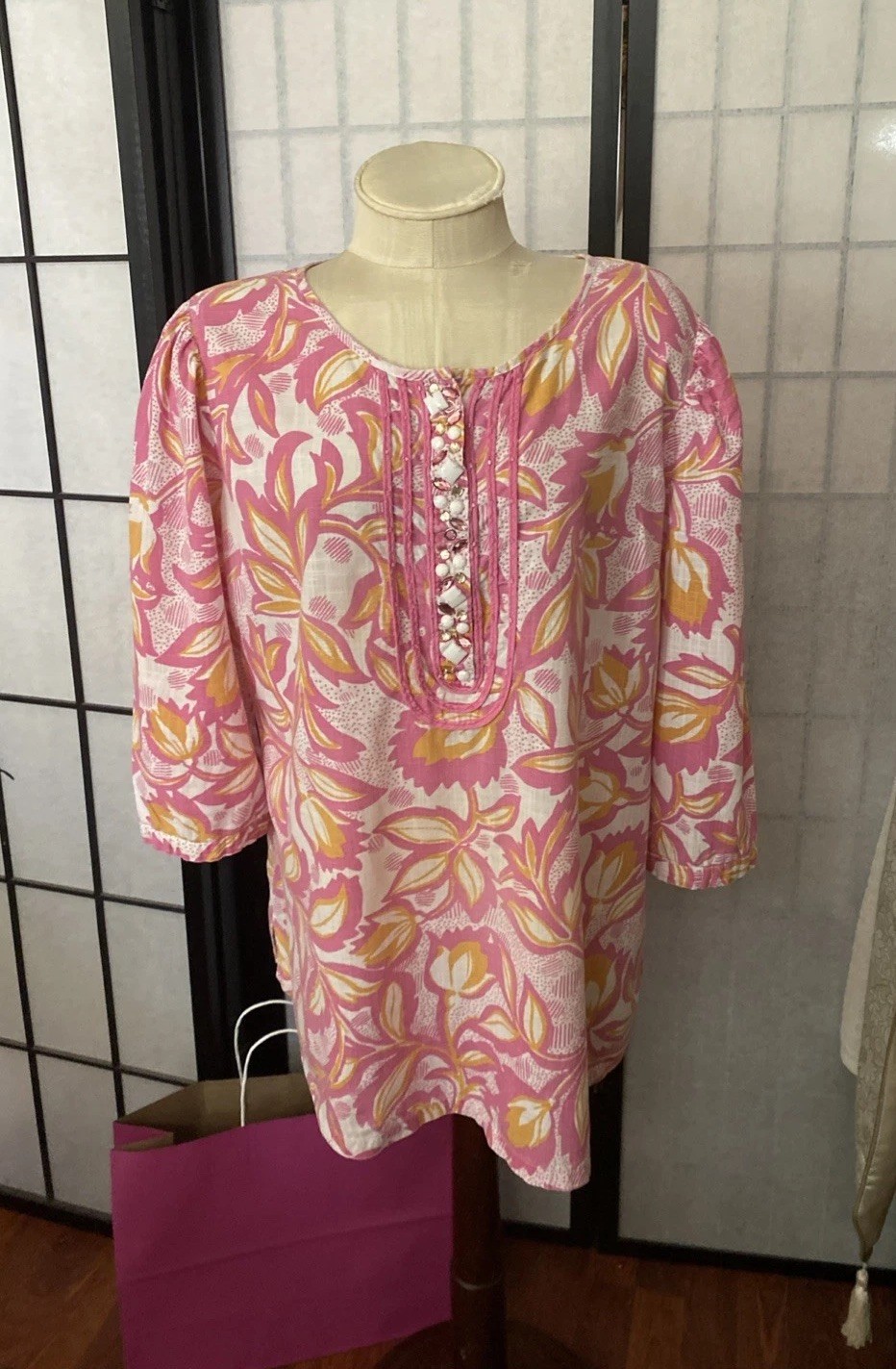 Pappagallo Dora VTG 80s Large BejewelVented Tunic Top/Beach/Resort Wear (Read)