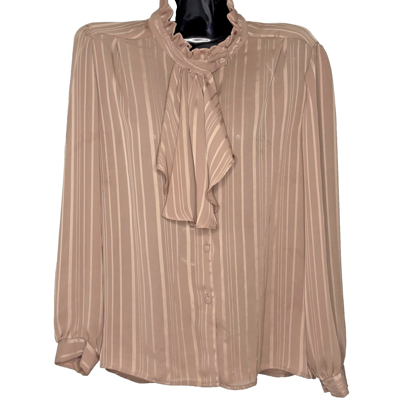 Vtg JKII Blouse Womens 14 Brown Taupe Stripe Ruffle Neck Tie Sheer Long Sleeve