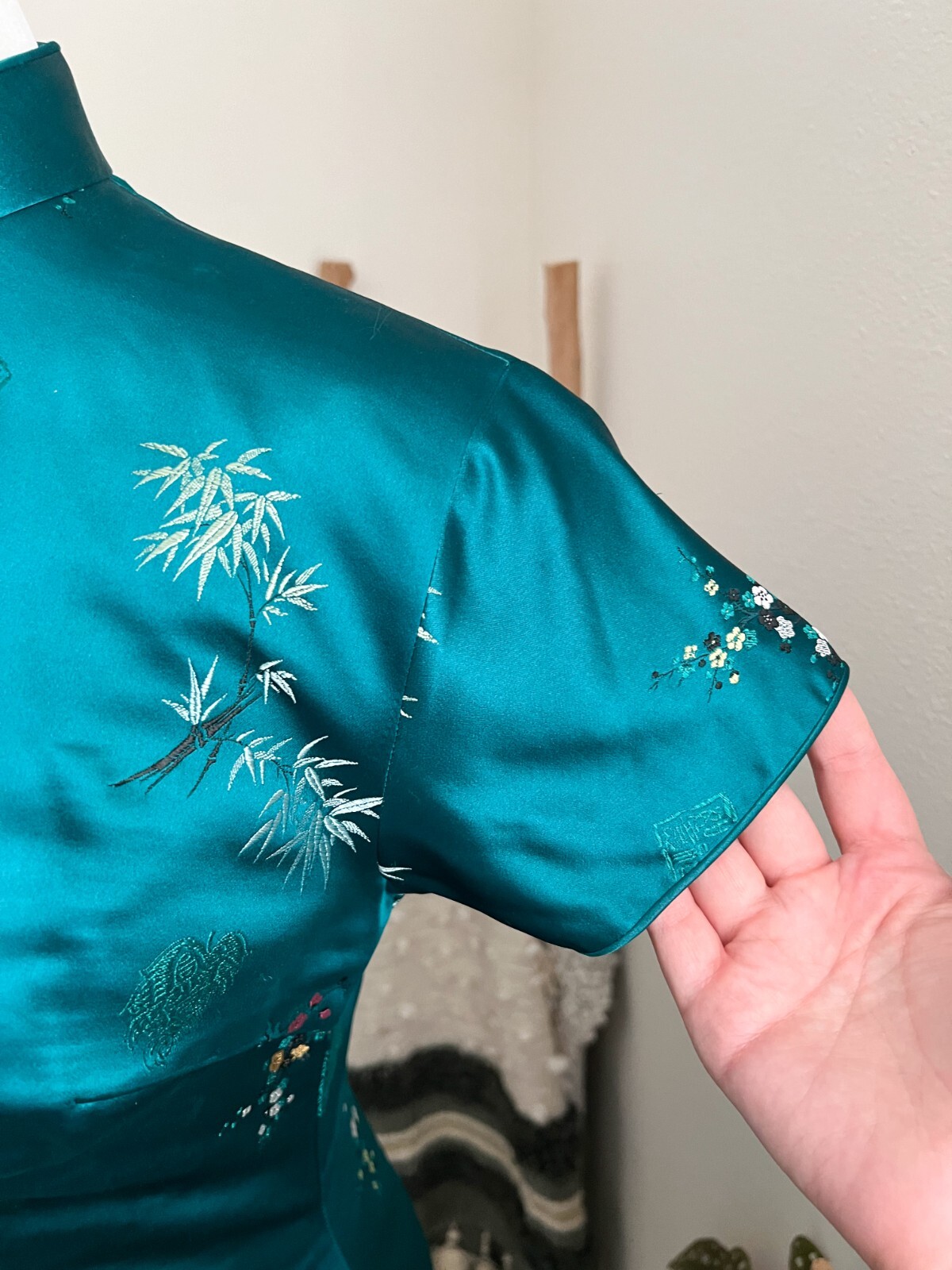 Vintage 1960’s Silk Blue Green Hue 60s Cheongsam Qipao Dress Floral Embroidery
