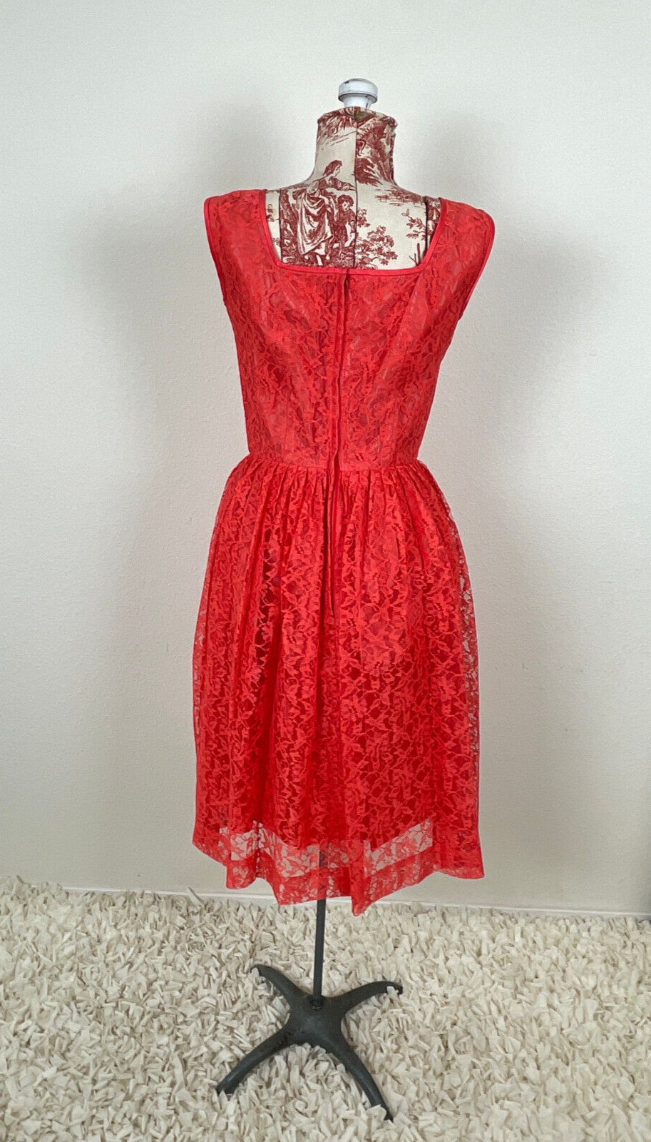 Vtg 50s CORAL LACE Dress J. Harlan Rockabilly Pinup Red Party Sheer Sexy 1950s