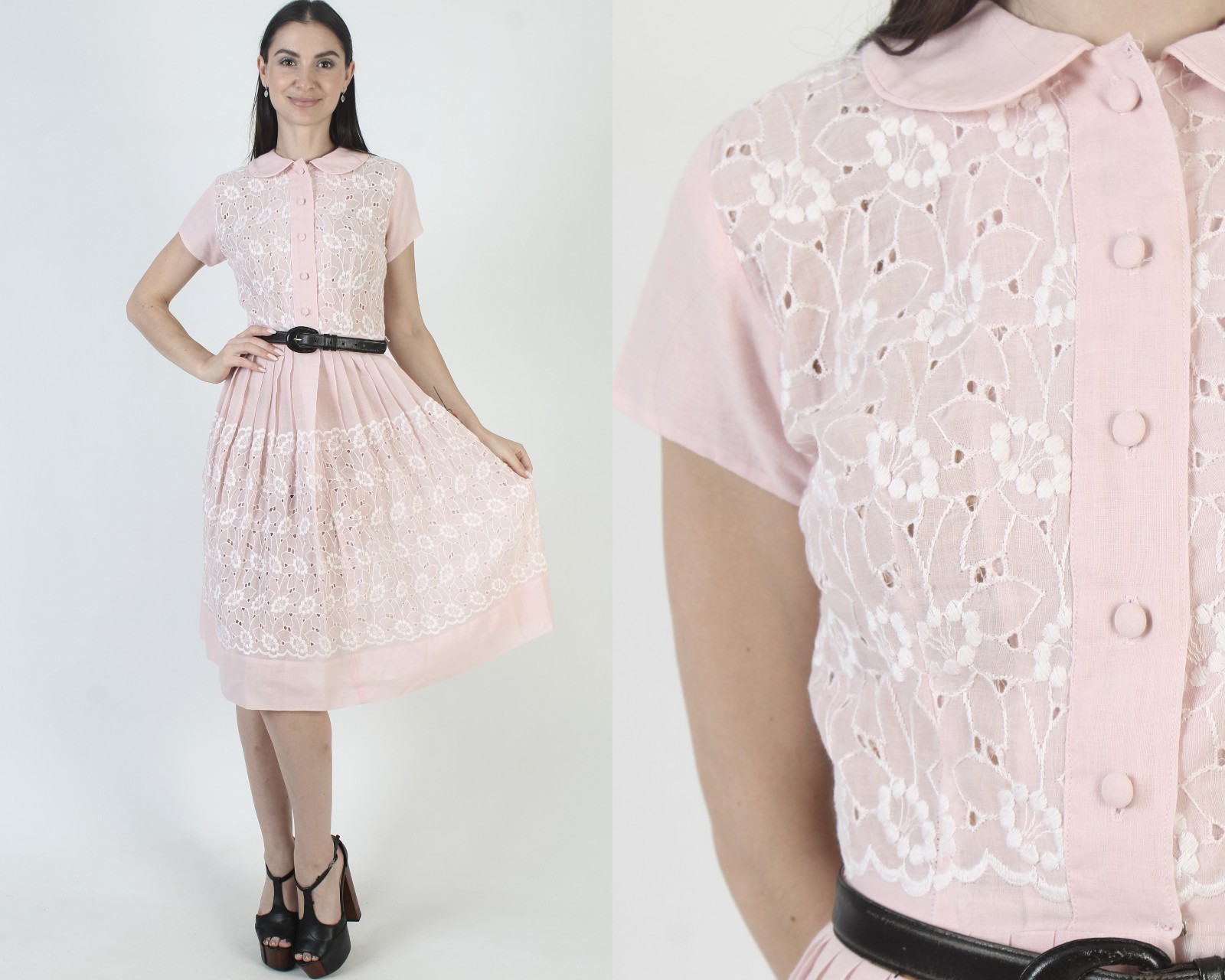 Vintage 50s Light Pink Embroidered Eyelet Dress Cocktail Mid Century MCM Skirt