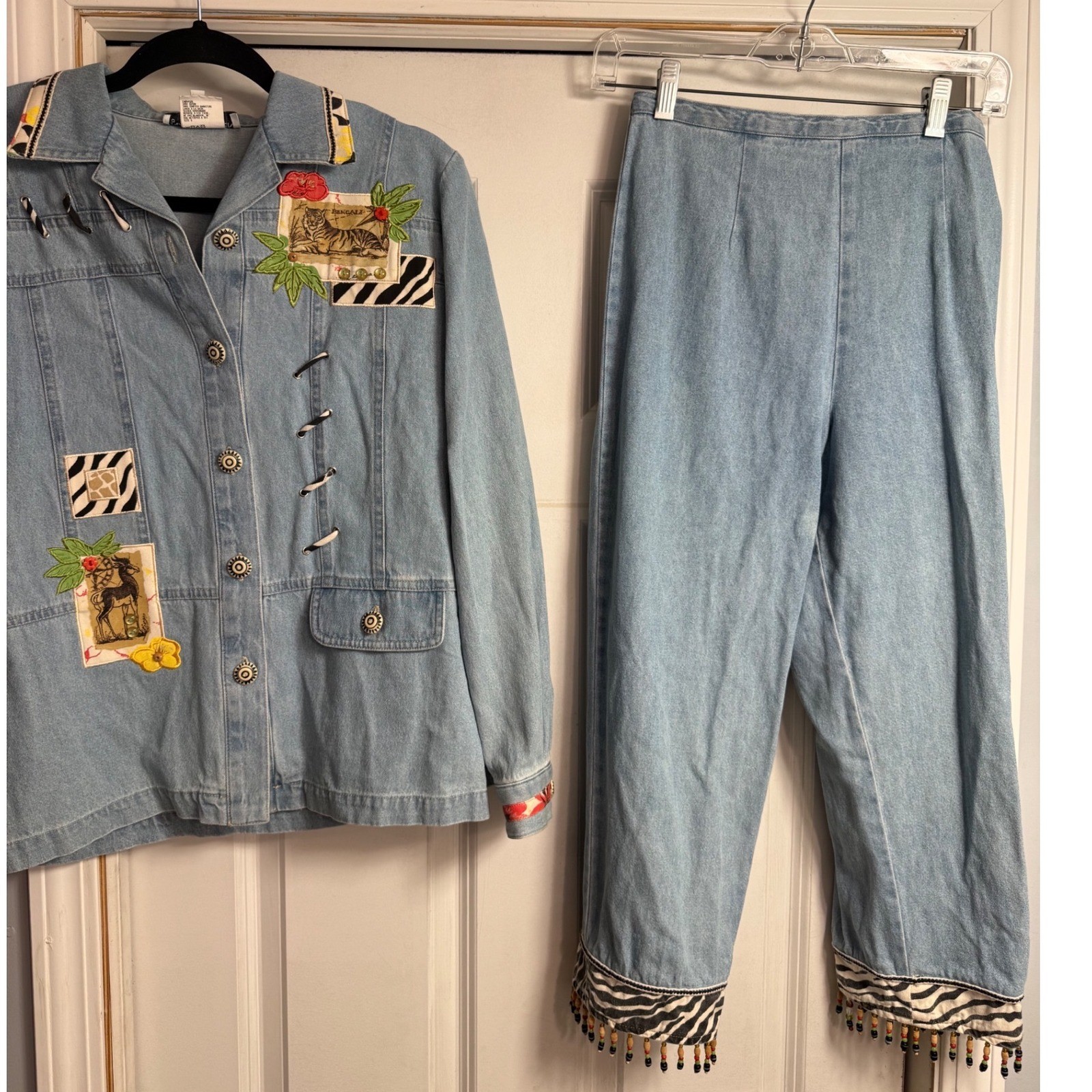 Nancy Bolen City Girl Vintage Denim Safari Set Tiger Giraffe Beaded Blue Sz 6 4