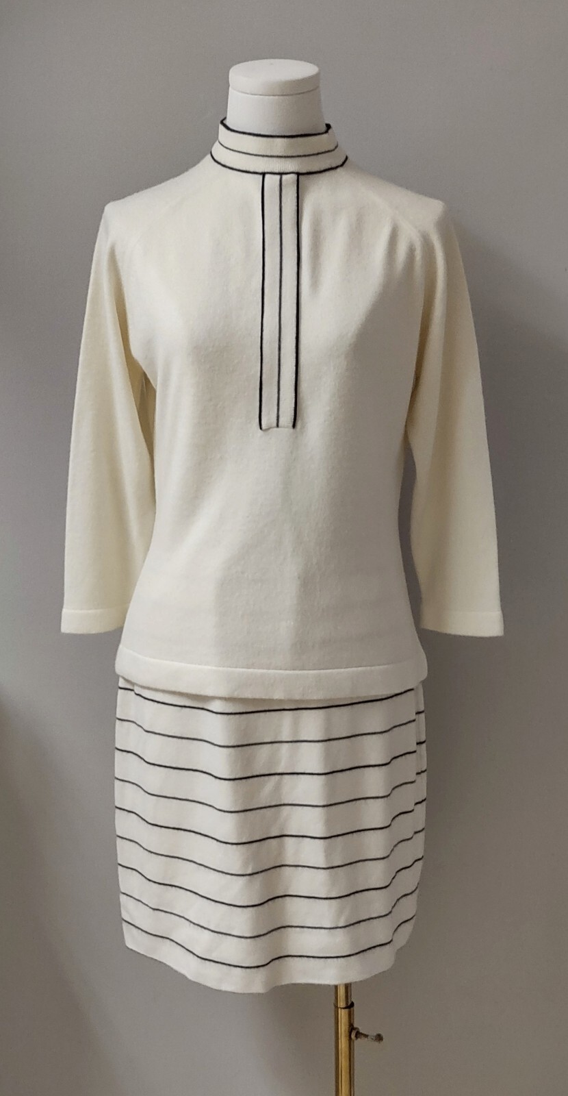 Talbot Taralan MOD Vintage 60’s Knit Cream Black Orlon Acrylic Skirt Top Set S/M