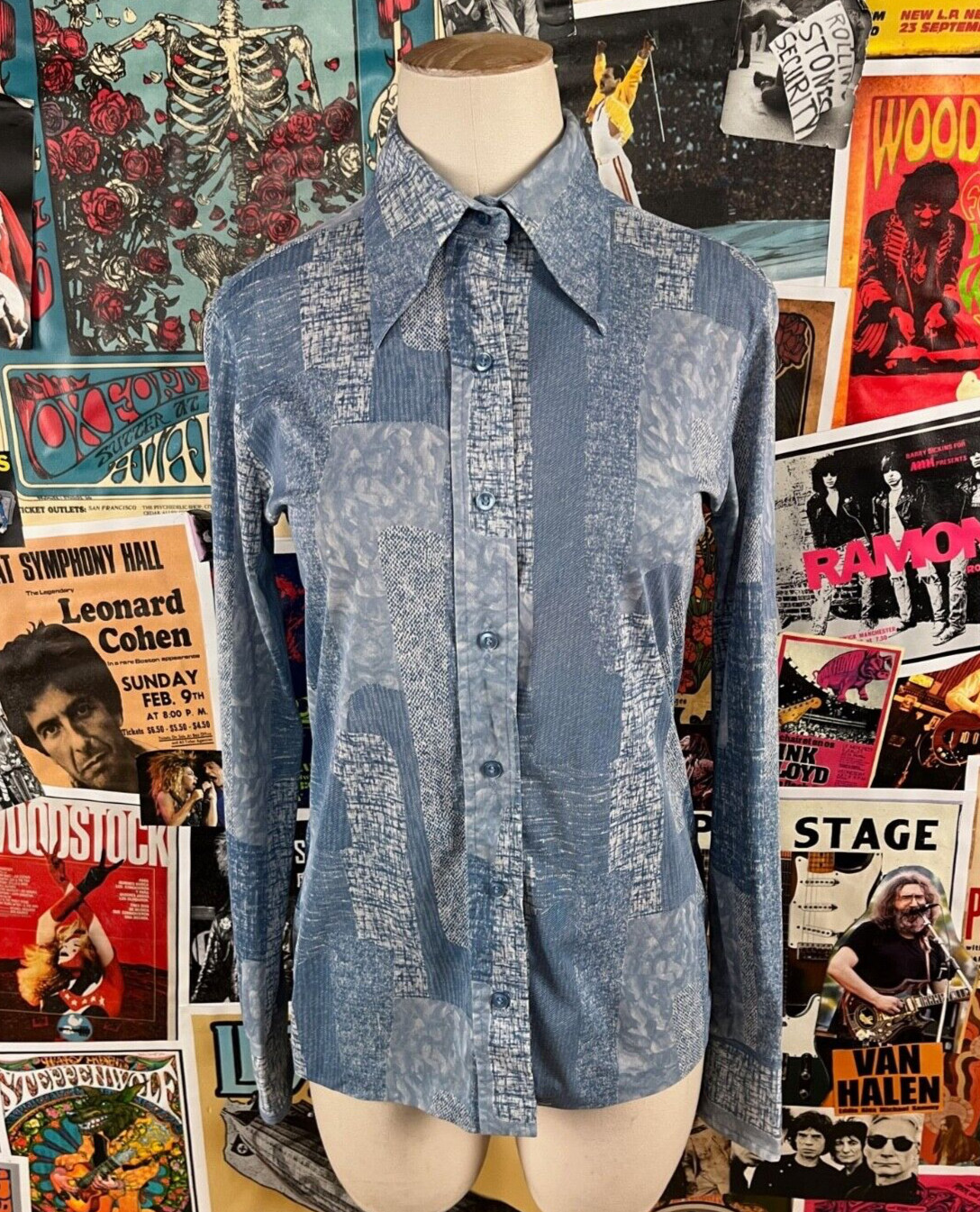 Vintage 70s Blue Mod Lady Arrow Blouse Disco Mod Womens Small Retro As Is