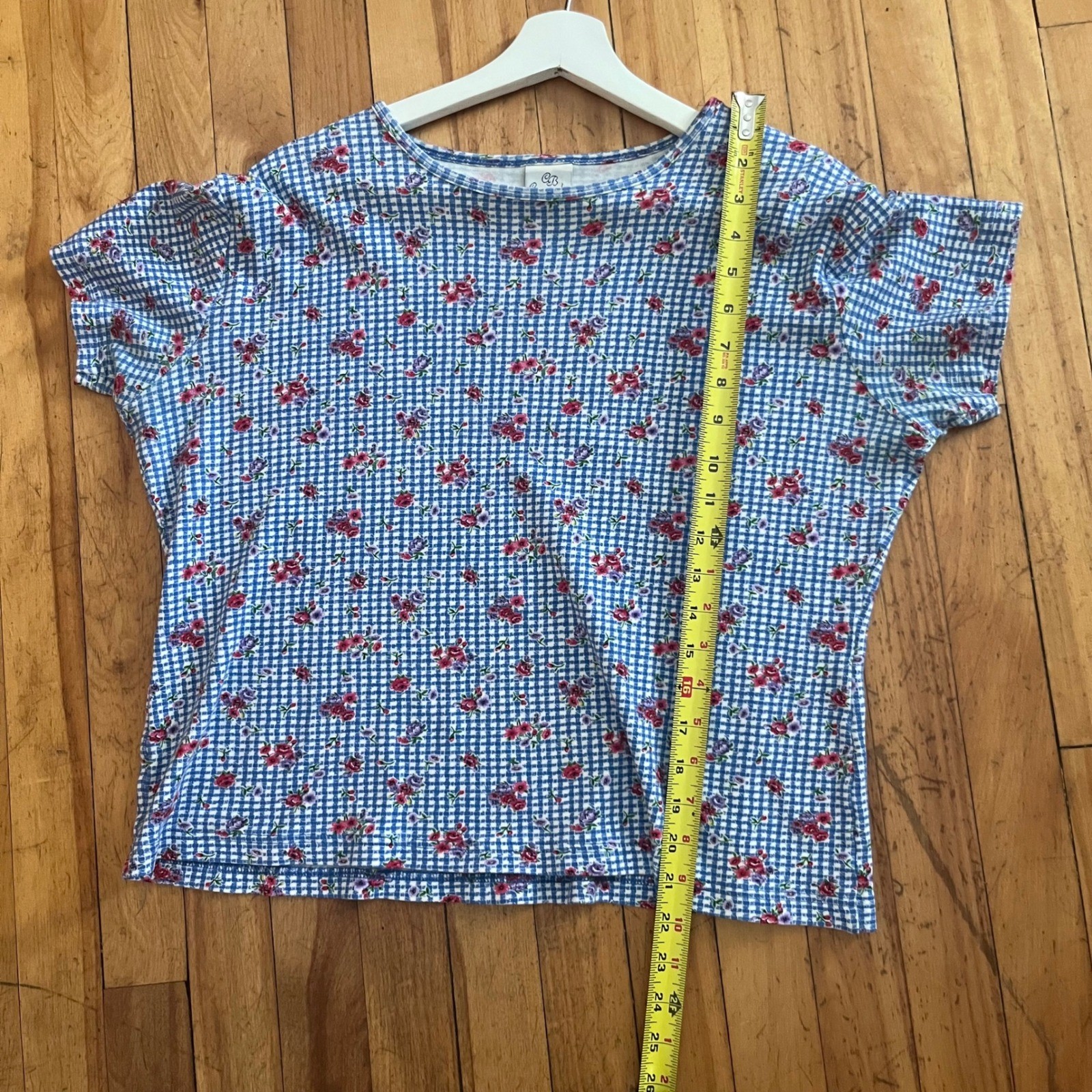 Vintage Cascade Blues Blue White Pink Floral Gingham 100% Cotton Shirt L