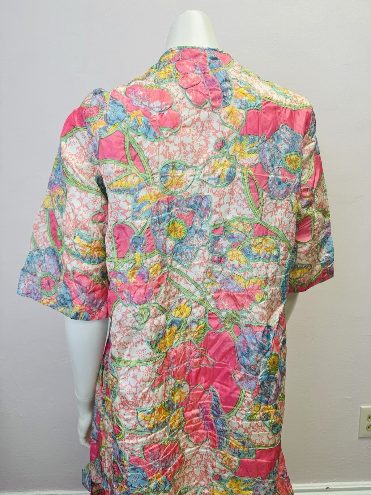 VTG RARE Caftan Kaftan Loungewear night Gown Dress robe glo pink floral zip S/M
