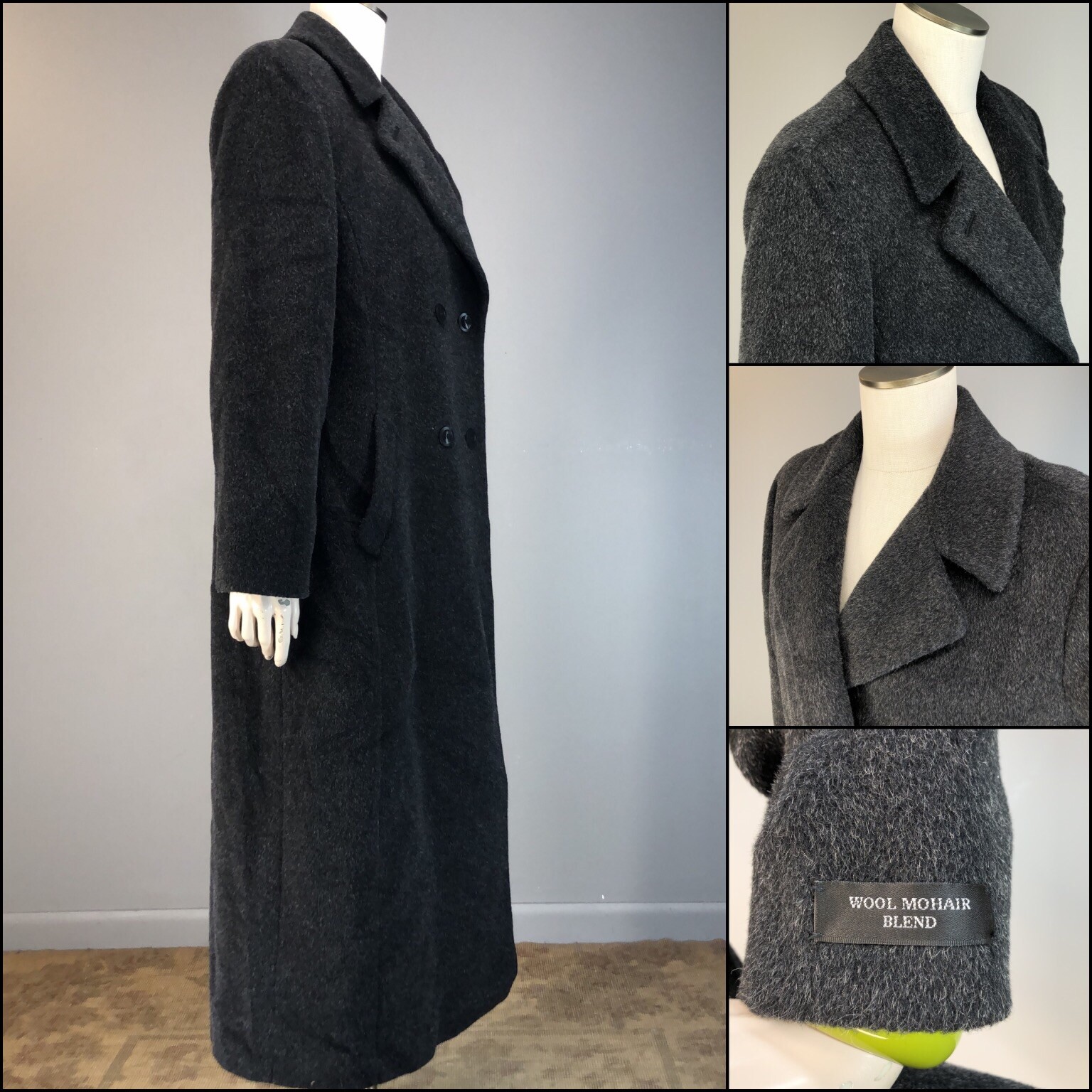 Vintage 90s Coat Wool Mohair Salt Pepper Heather Long Opera Anne Klein 14 L nwot