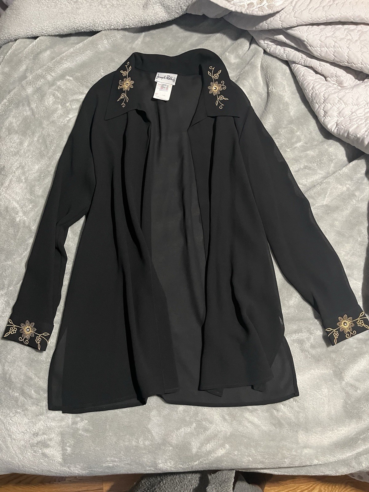 Vintage Joseph Ribkoff Black Sheer Collared Cardigan W/gold Embroidery Size 10