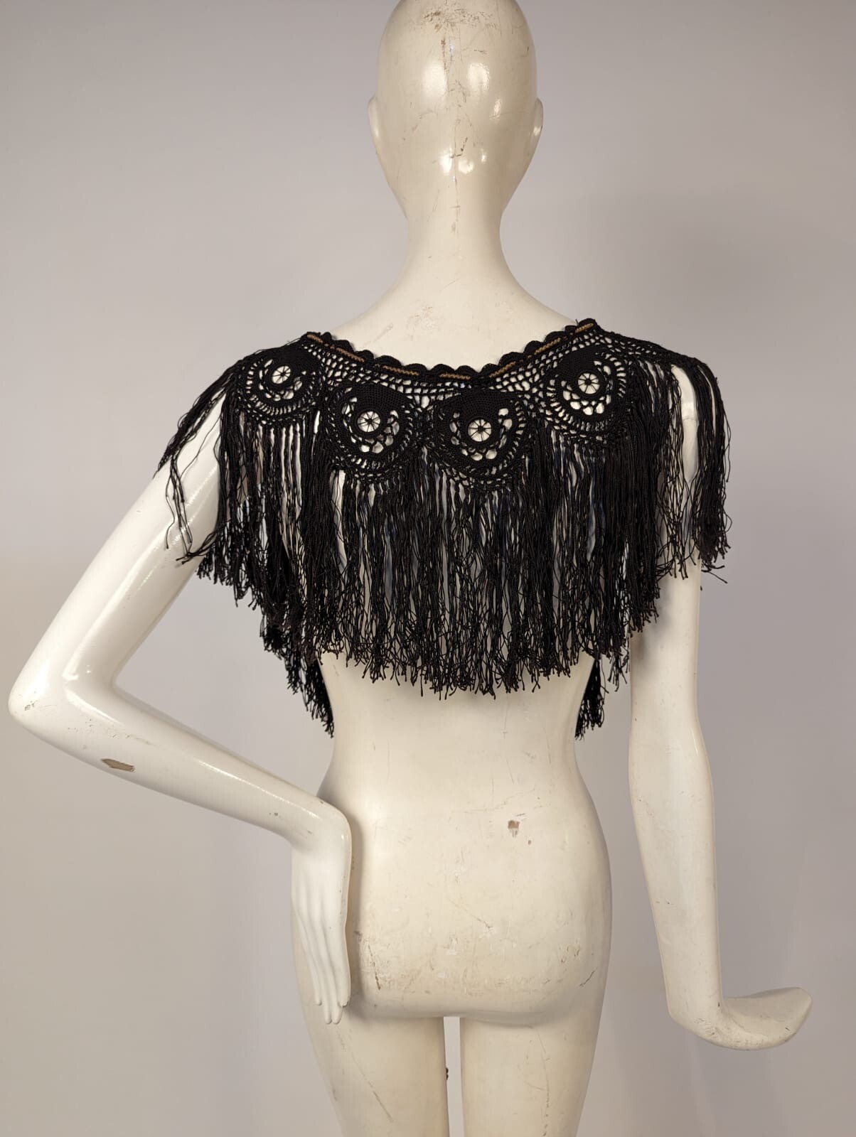 VICTORIAN 19TH C BLACK LACE + FRINGE CAPE W GOLD BULLION TIES