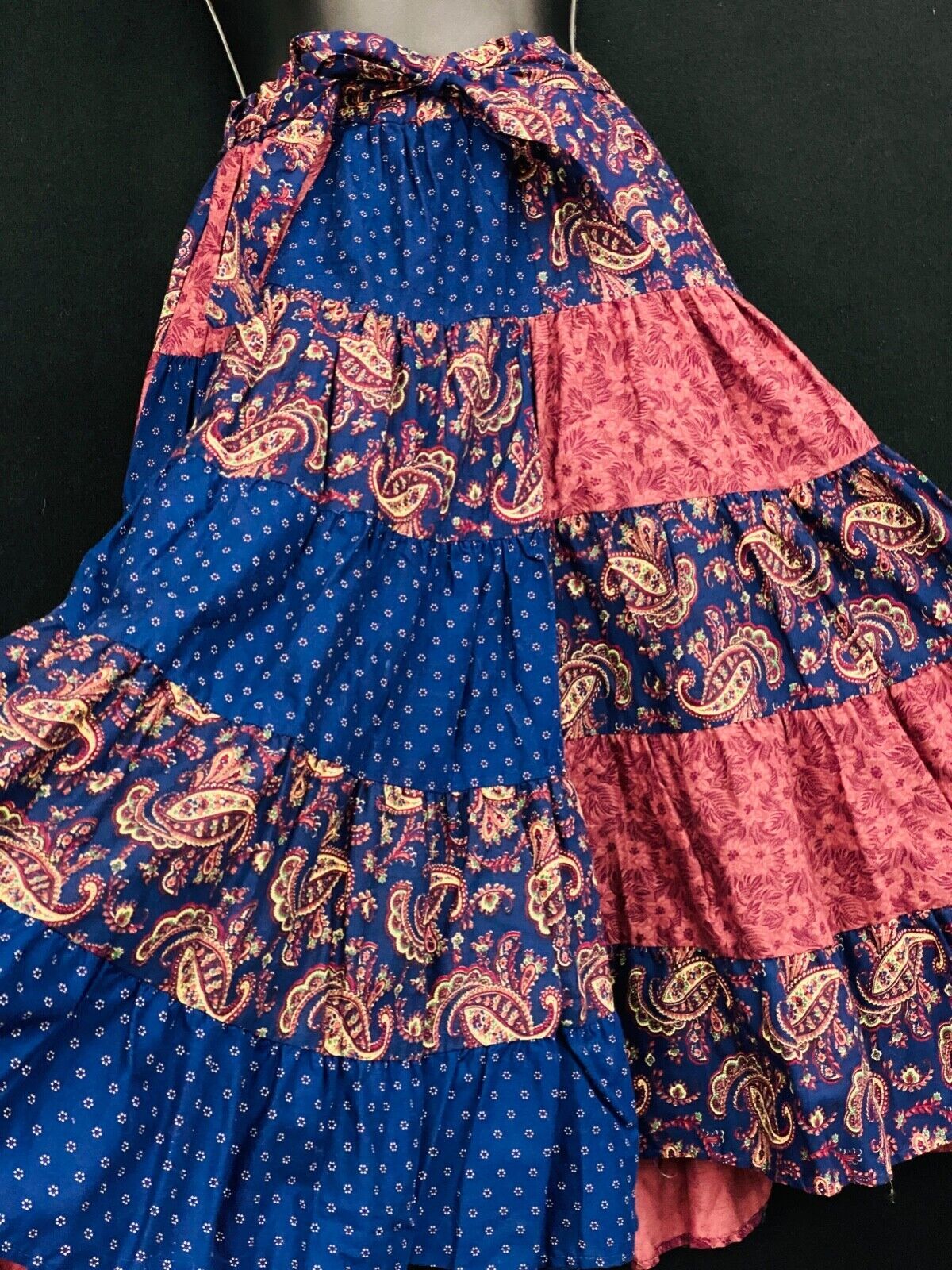 Vintage 1970s patchwork skirt, blue pink paisley boho prairie cotton circle OSFM