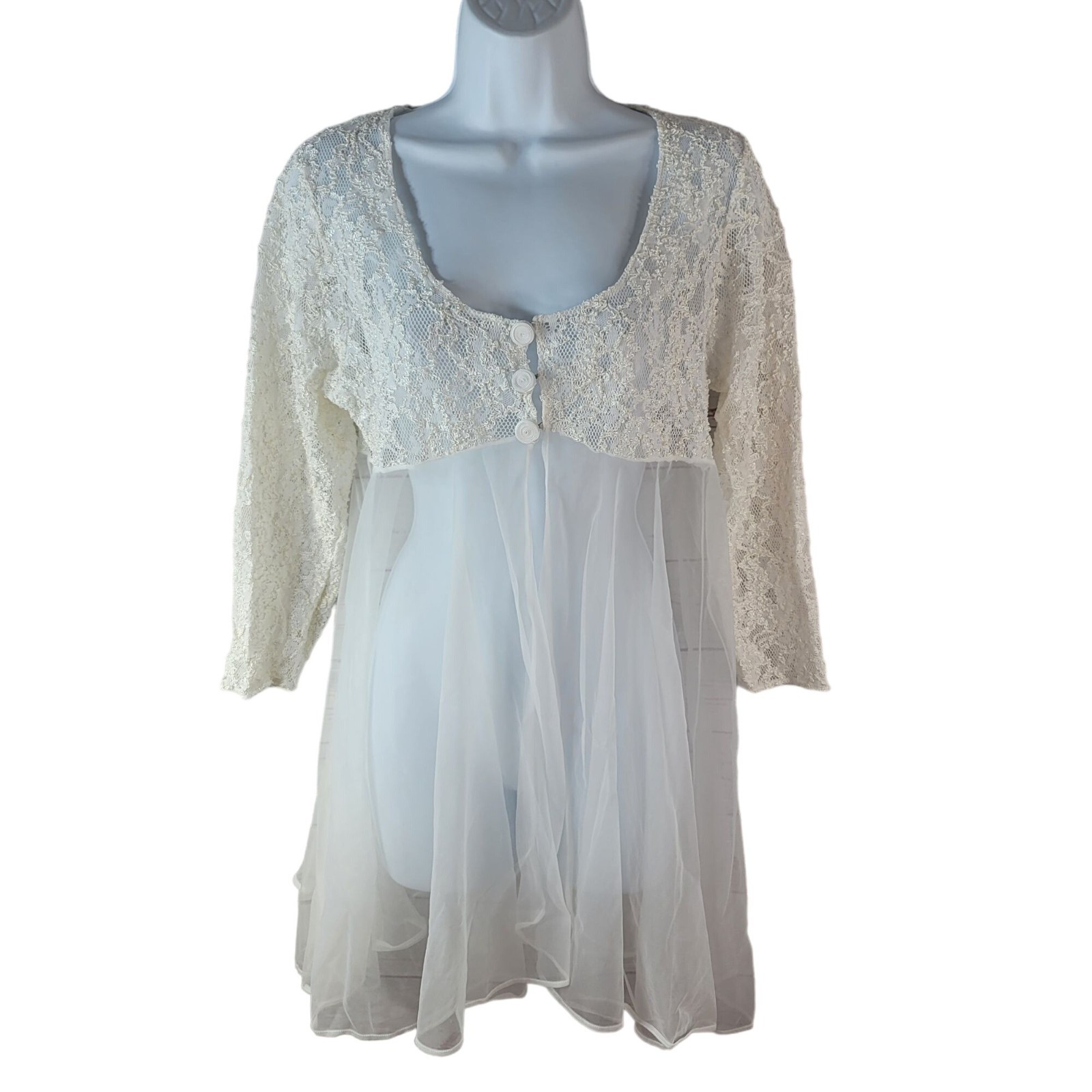 Val Mode Short Sheer Robe White Medium Button Bridal Chiffon Lace Peignoir VTG
