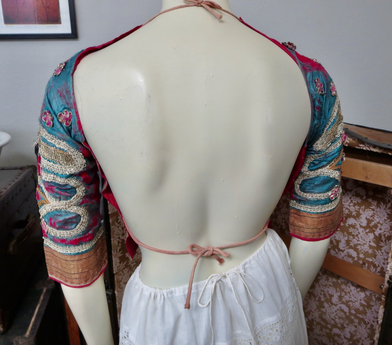 Antique Indian Choli Tribal Banjara Top Silk Metallic Thread Embroidery Backless