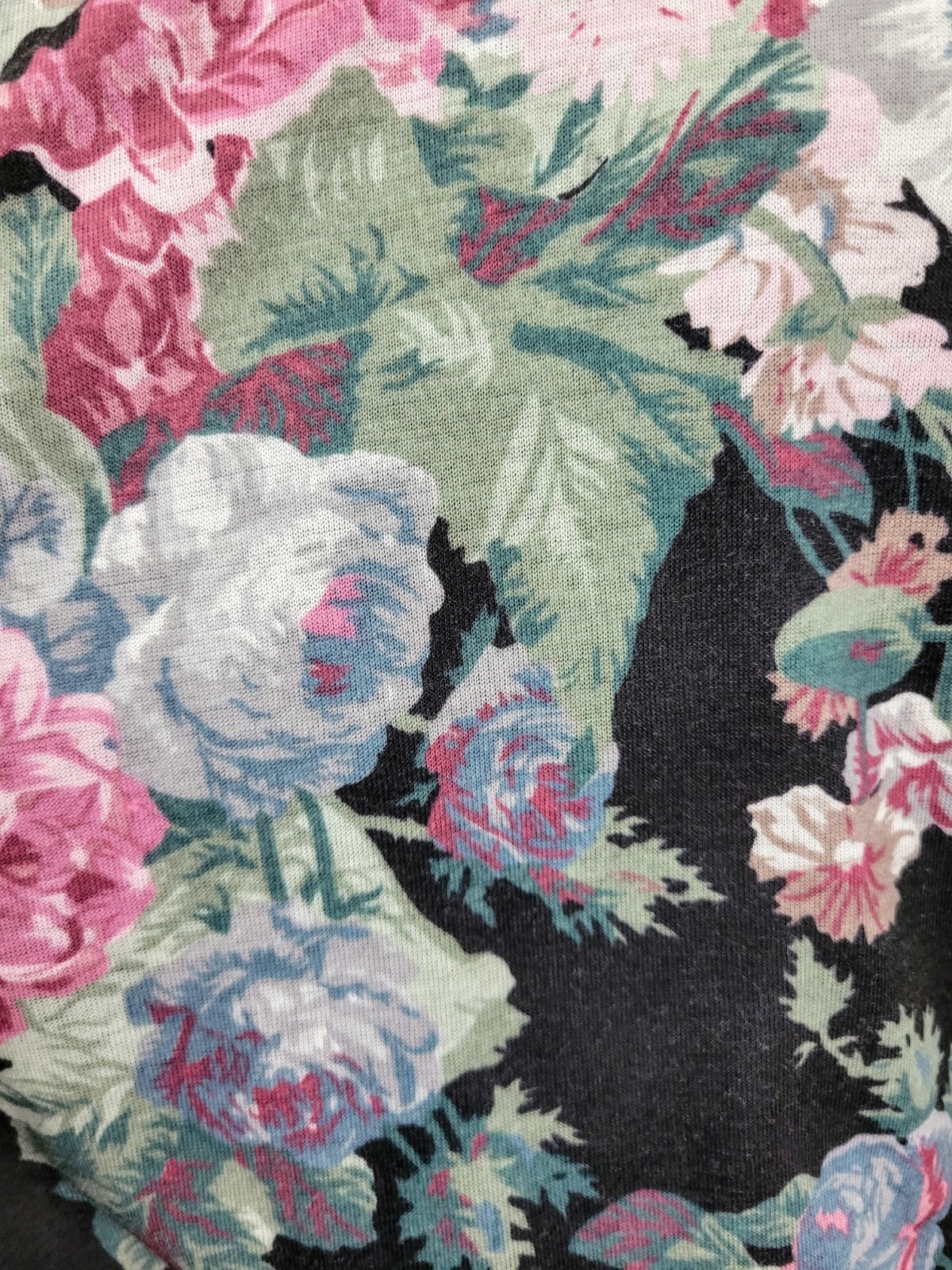 Vintage Meryl Fashions Ltd Black Blouson Dress w Pink & Green Florals Size 12