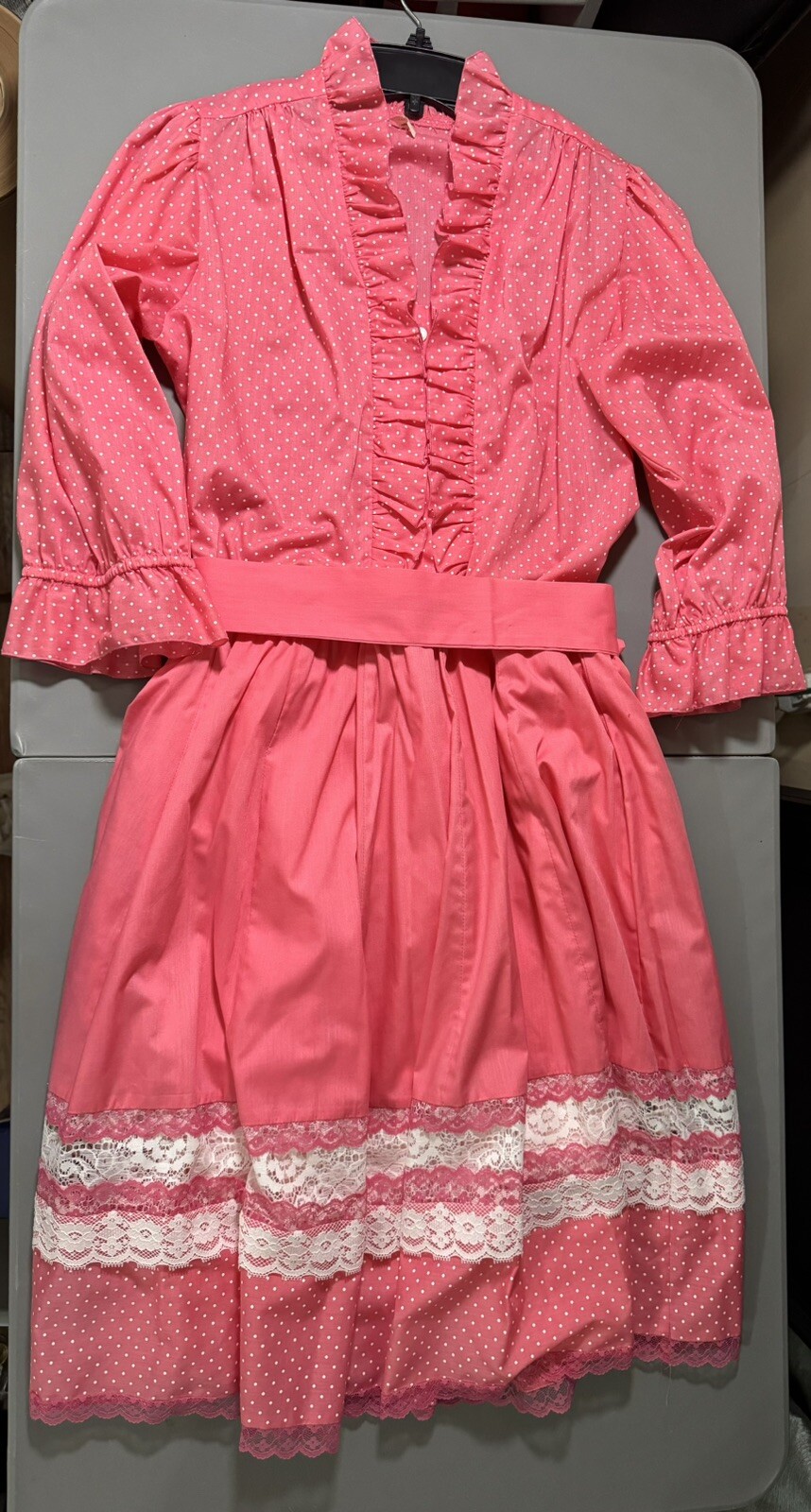 Vtg 70s Pink Polkadot Blouse & Skirt Little House Creations Carefree Creations