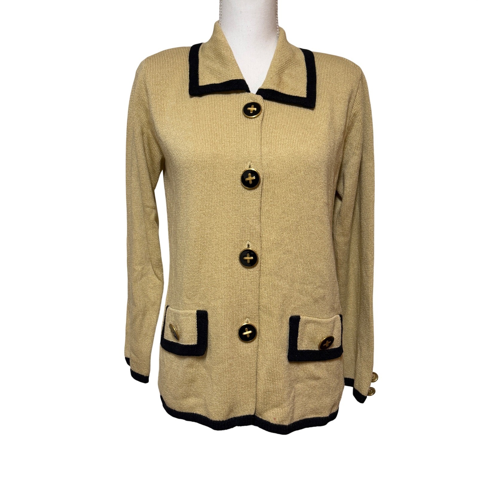 Laura by Alyzia Vintage Tan Black Knit Cardigan Gold Button Sweater Size L USA