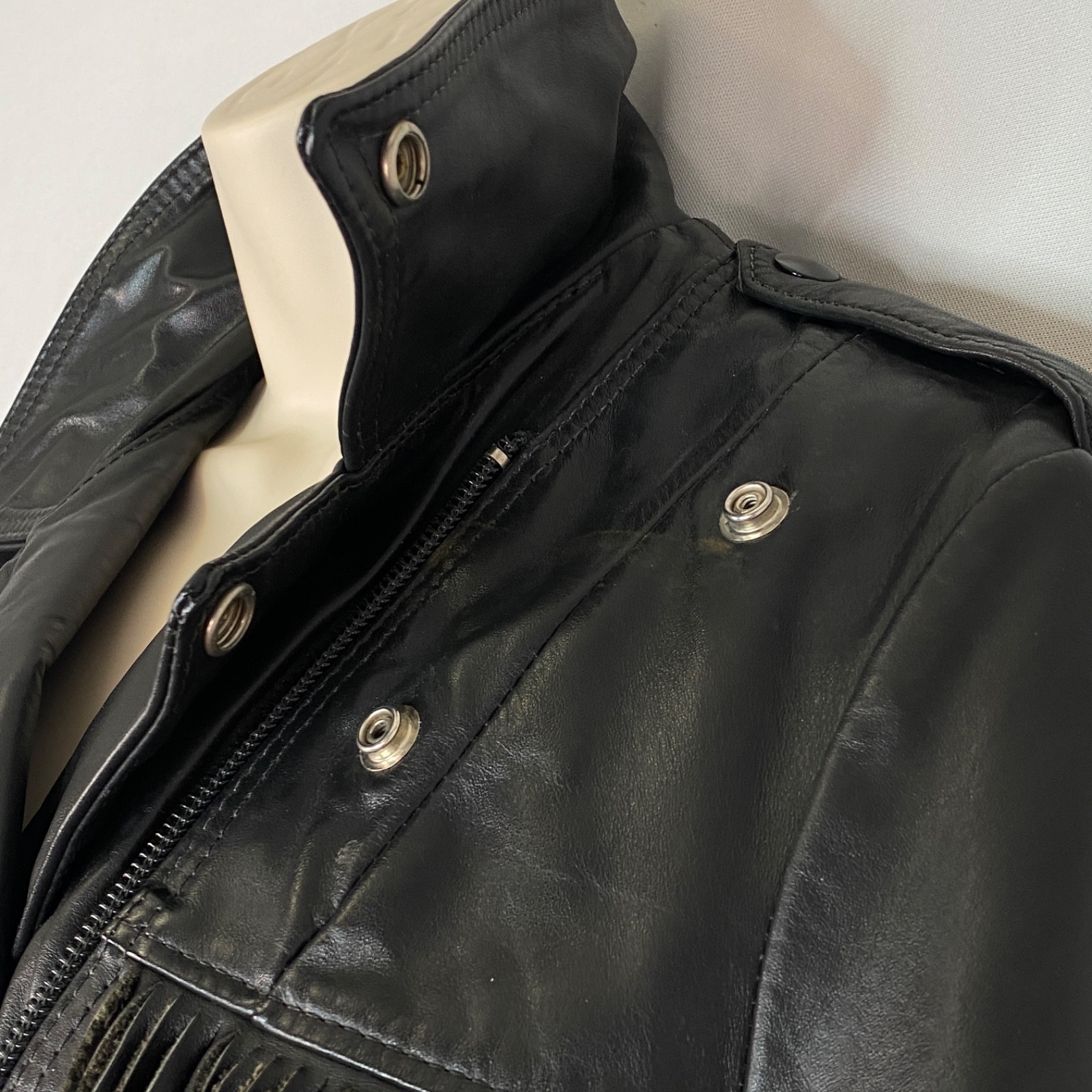 Vintage black leather fringe jacket women’s S M moto rocker biker TAURUS