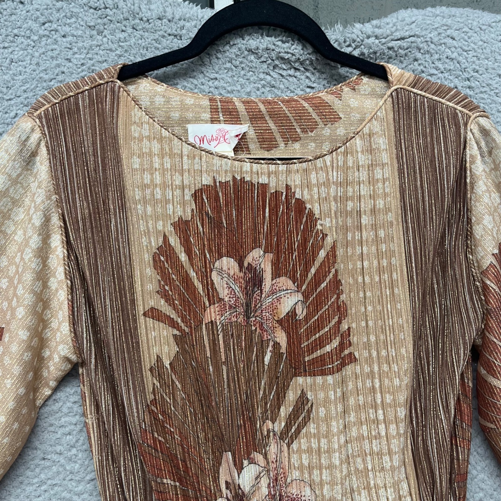 Vintage Dress Womens M Metallic Gold Floral Miss Carol Long Sleeve Classy 60’s