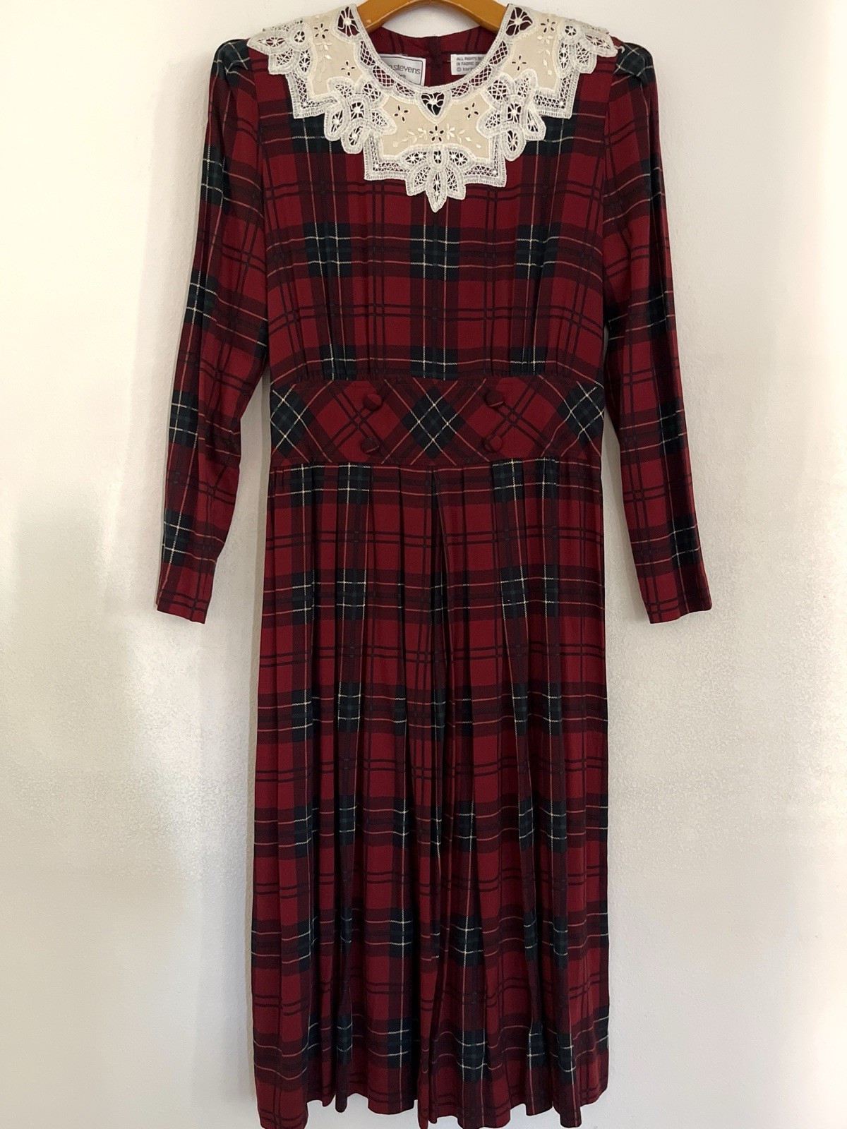 Karin Stevens VTG Dress S/M Petite Red Plaid Pleated Smocked Cottagecore