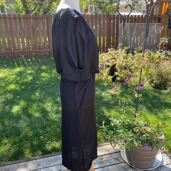 Vintage 70s Black Evening Dress Sparkle Rope Trim Split Cap Sleeve Tall Girl