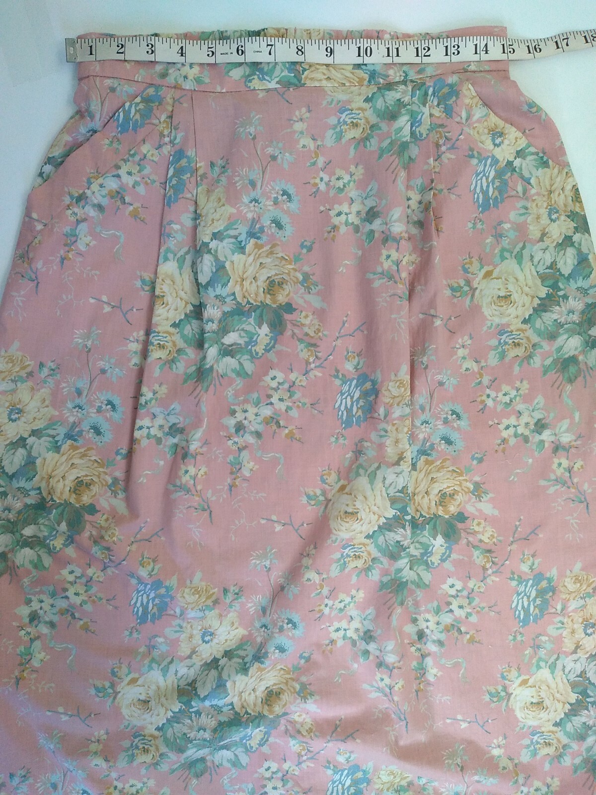 VTG John Meyer Skirt Pink Floral Cottagecore Pockets Elastic Back 29-30″ Waist