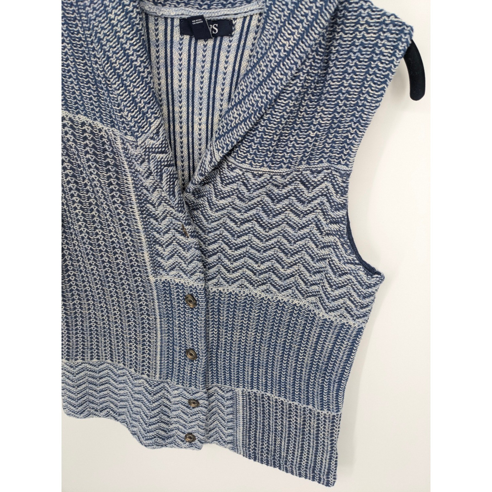 Chaps Knit Vest Womens Medium Blue Shawl Collar Sleeveless Patchwork Grannycore