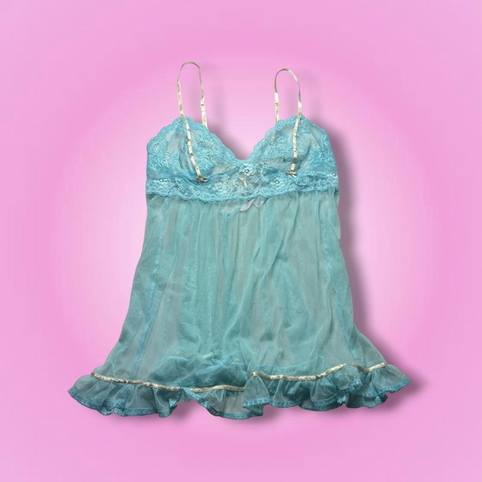 Y2K Victoria’s Secret Aqua Blue Sheer Lace Babydoll Chemise