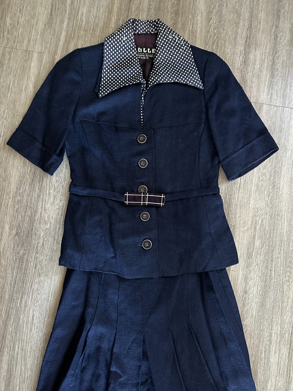 Vintage French Suit Skirt Blue Linen Button Front Belted Pleat Midi Dior Look XS
