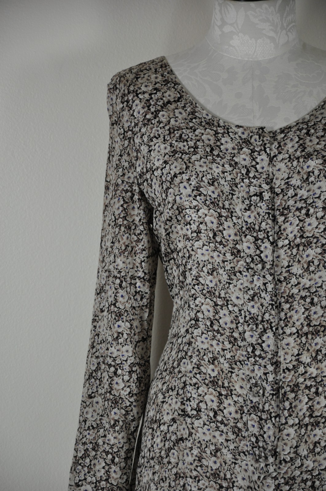 90s Vintage Brown Romantic Floral Long Sleeve Tie Back Grunge Dress Women S M