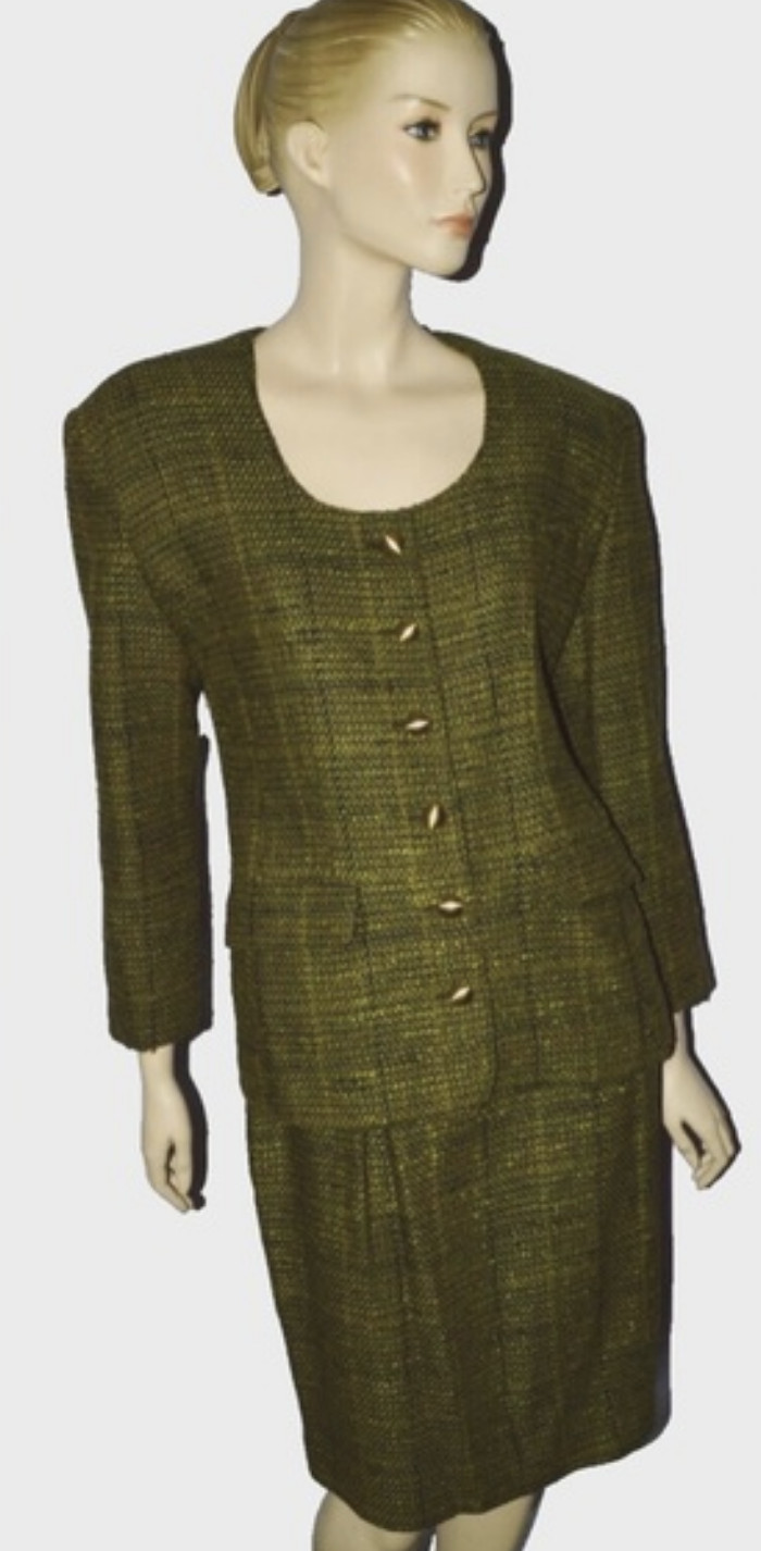 LA CHATEAU SZ 13 MEDIUM VTG 80’S 90′ KNIT GREEN BLACK SKIRT SUIT 2 PC SET CANADA