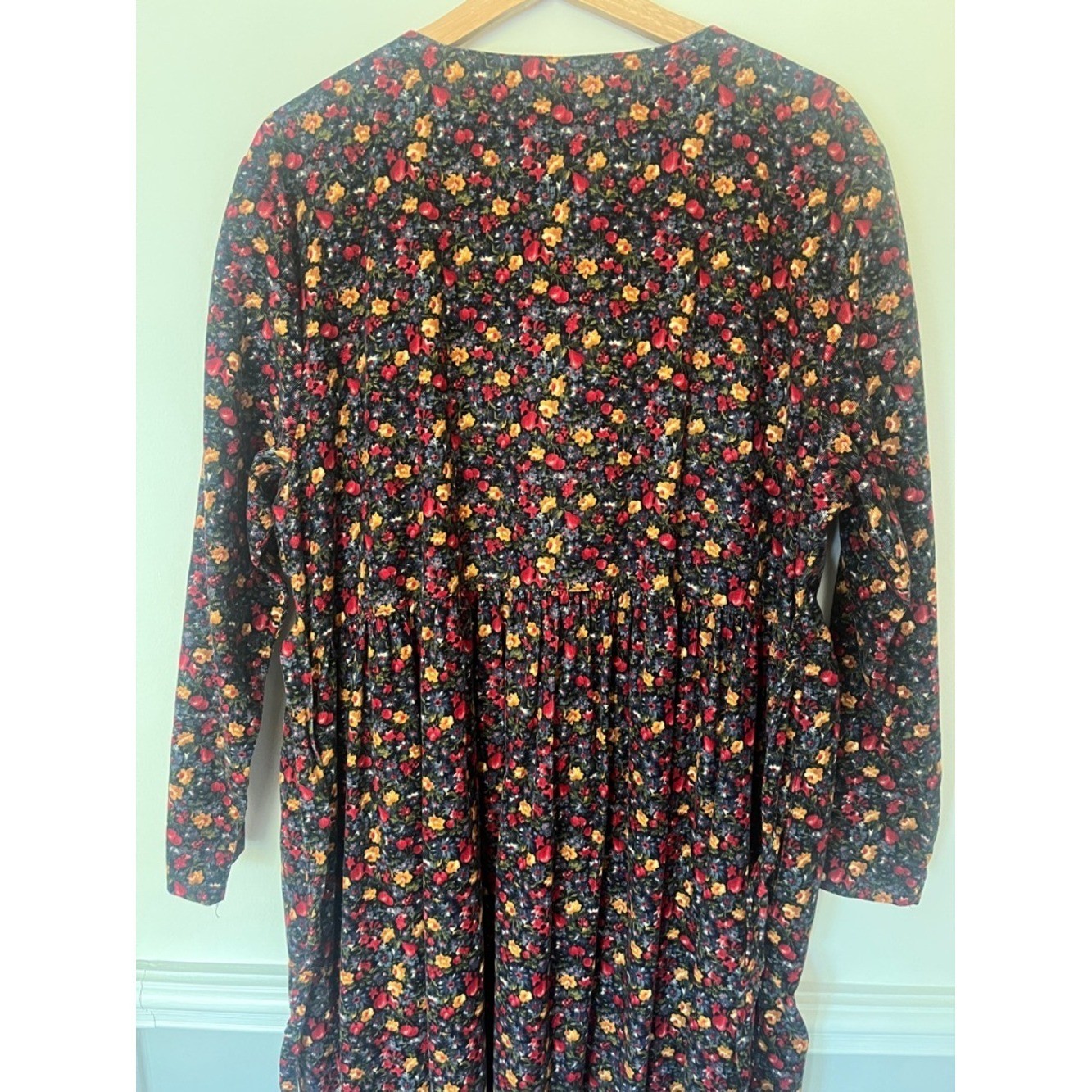 Vtg Country Trad Wife Floral Maxi Dress Large Long Sleeve Corduroy Cotton