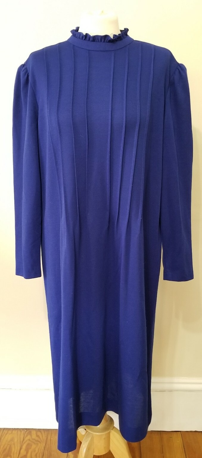 Vintage 70s Nancy Greer New York Royal Blue Pintuck Dress Poly Wool Size 18 L