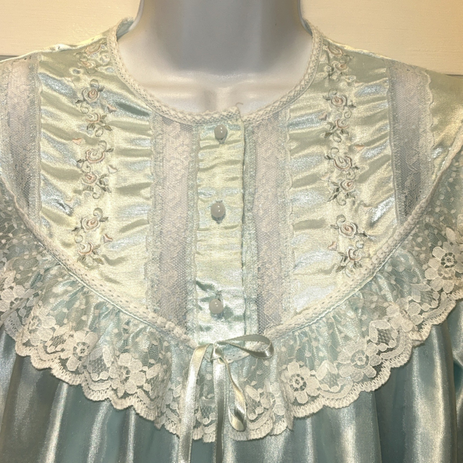 Vintage Victorian Nightgown Lace Collar Cottage Core Romantic Blue