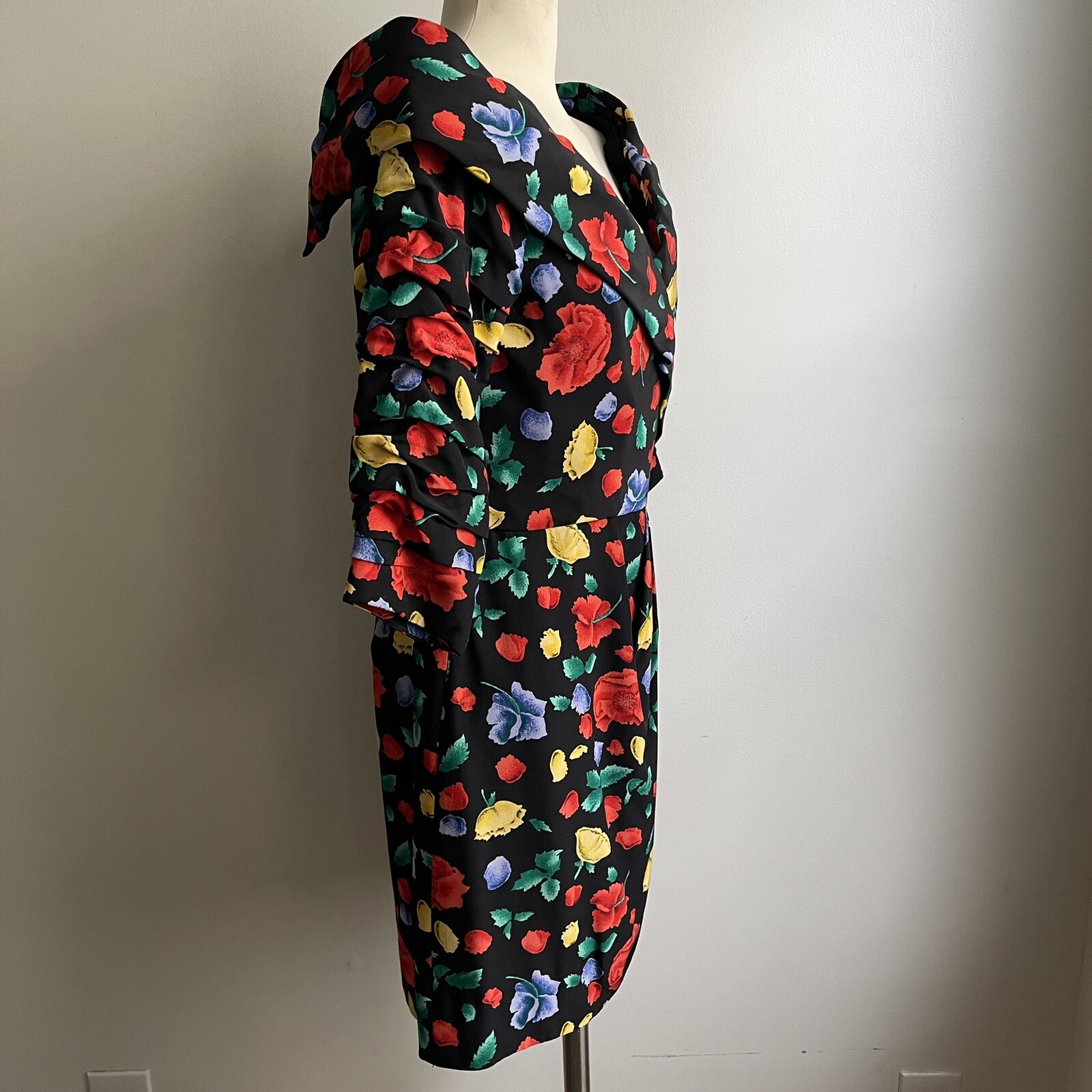 Vintage 80s Arnold Scaasi Boutique Couture Silk Floral Ruched Party Dress 12