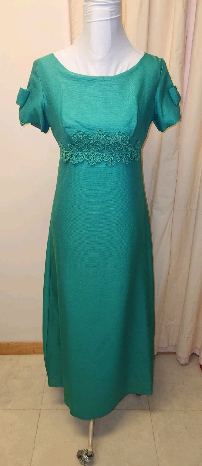 60’s Vntg Sylvia Ann Dress*sz10 High Waist*Detachable Train*Grn*Excellent Cond.