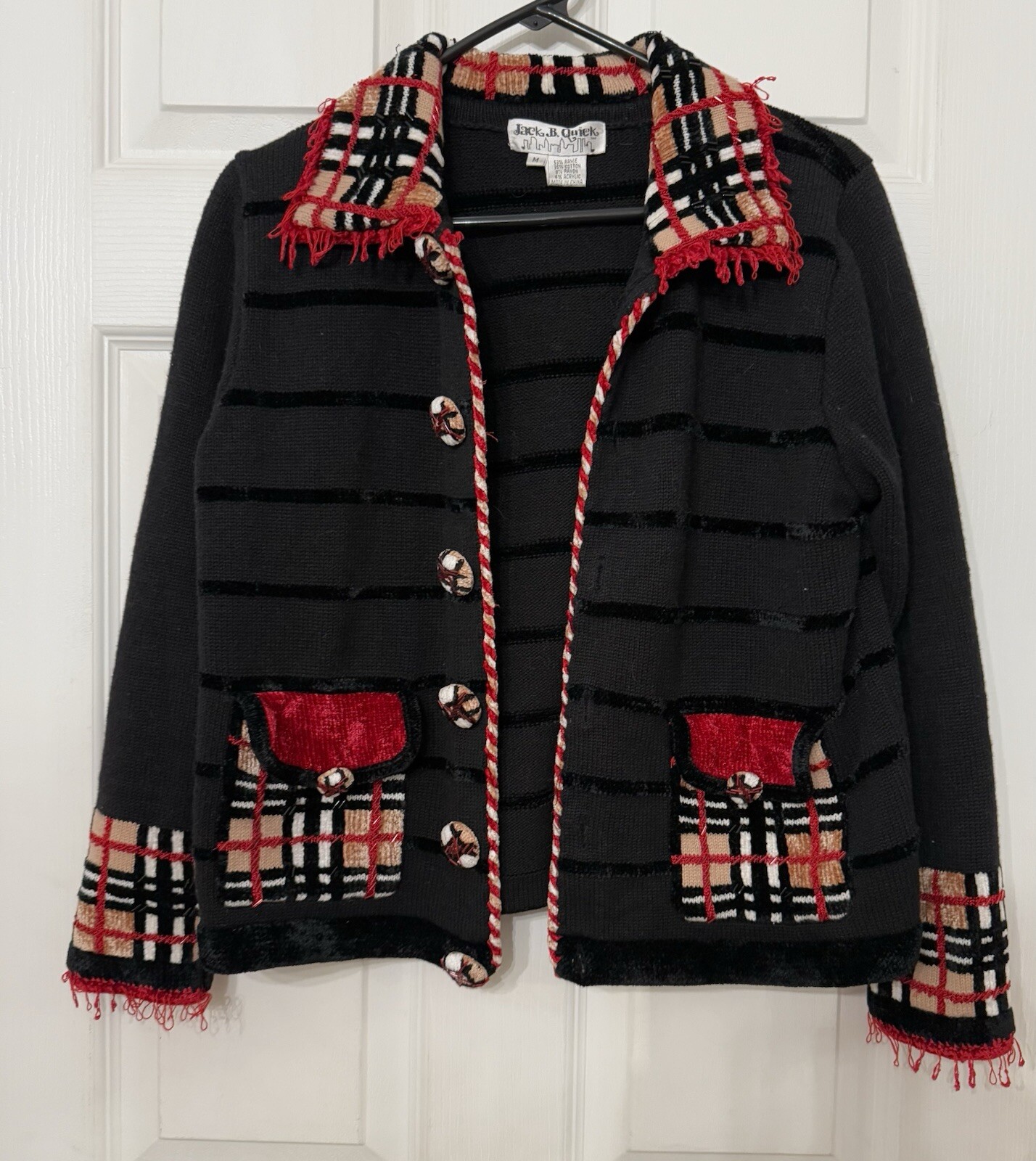 VTG Jack B. Quick Sweater Cardigan Sz M Tartan Pattern Plaid Fringe