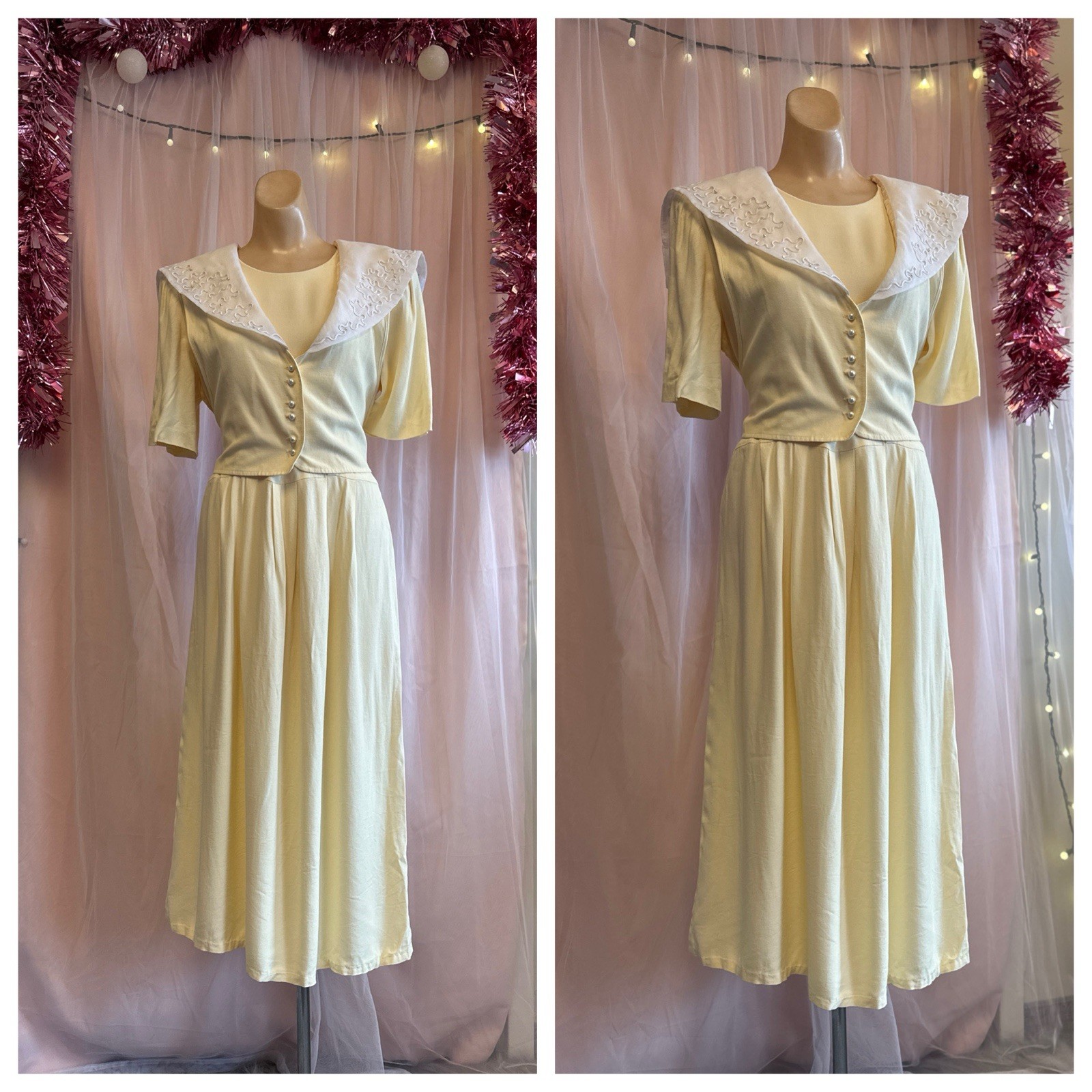 Vintage 90s Cottagecore Maxi Dress Yellow Tie Back Big Collar Grunge Boho M/L