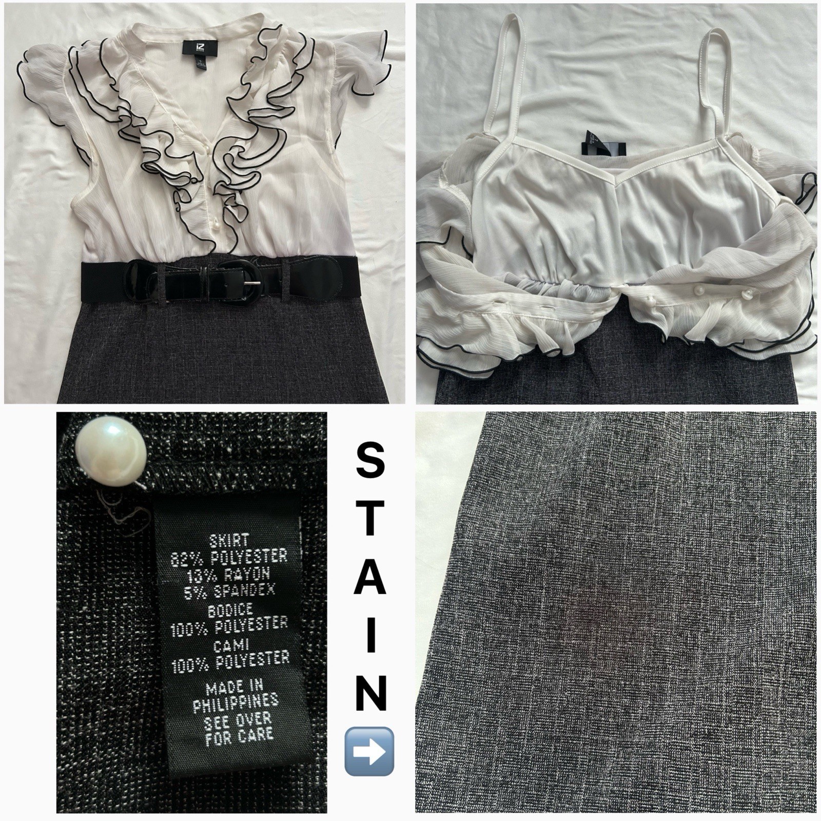 Y2K vintage gray & white dress with ruffle, blazer, & stretchy belt by IZ Byer