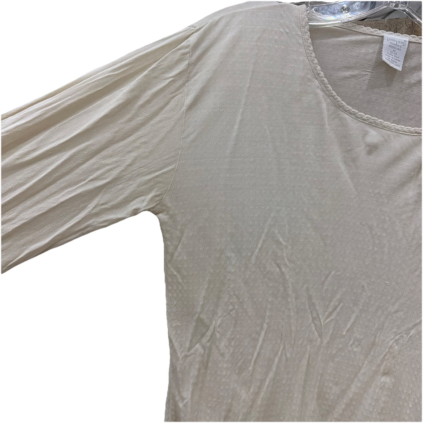 Vintage 80s Lands End 100% SILK Pattern Sheer Top Undershirt Blouse White M10-12