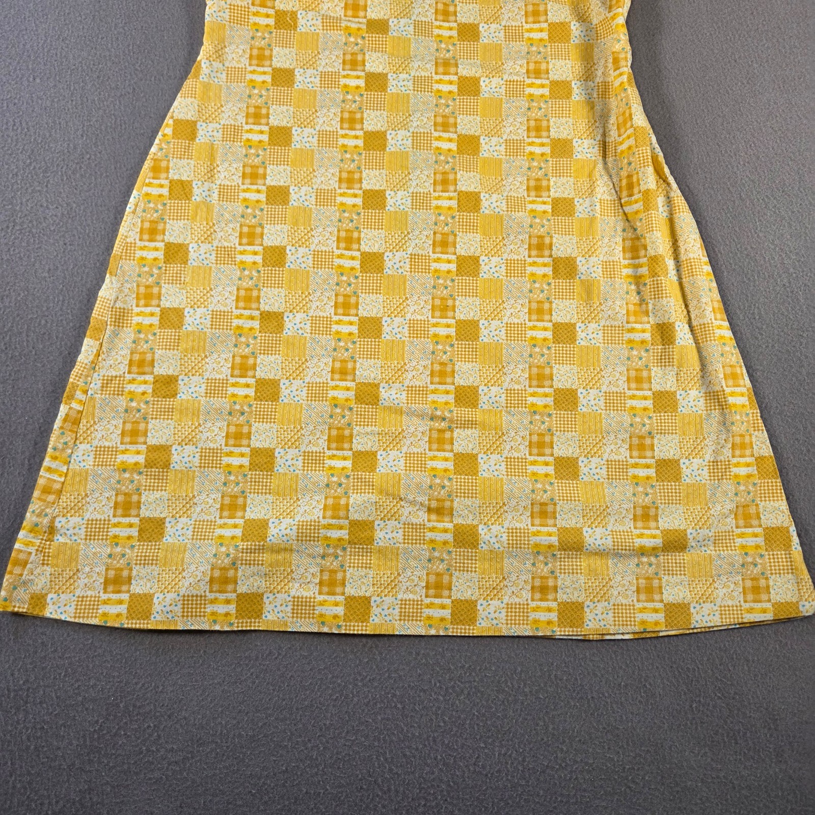Vintage 60s Dress Womens Small Yellow Plaid House Short Sleeve Midi Mod Cotton
